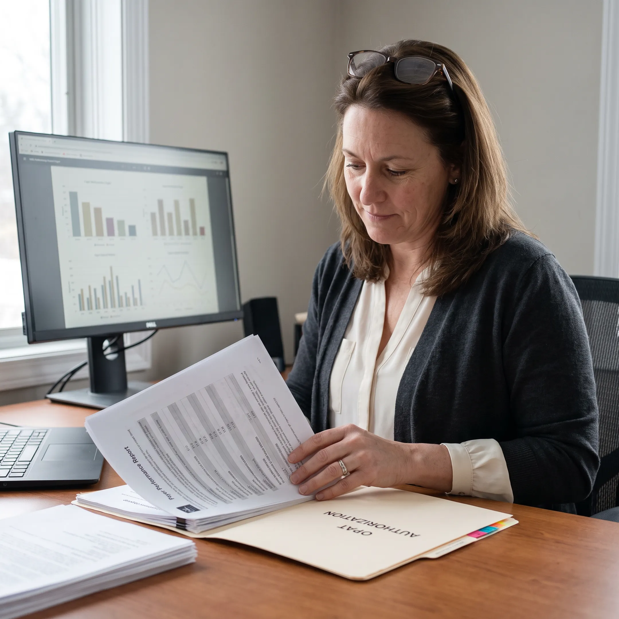 Infectious disease practice administrator reviewing revenue cycle and infusion billing information