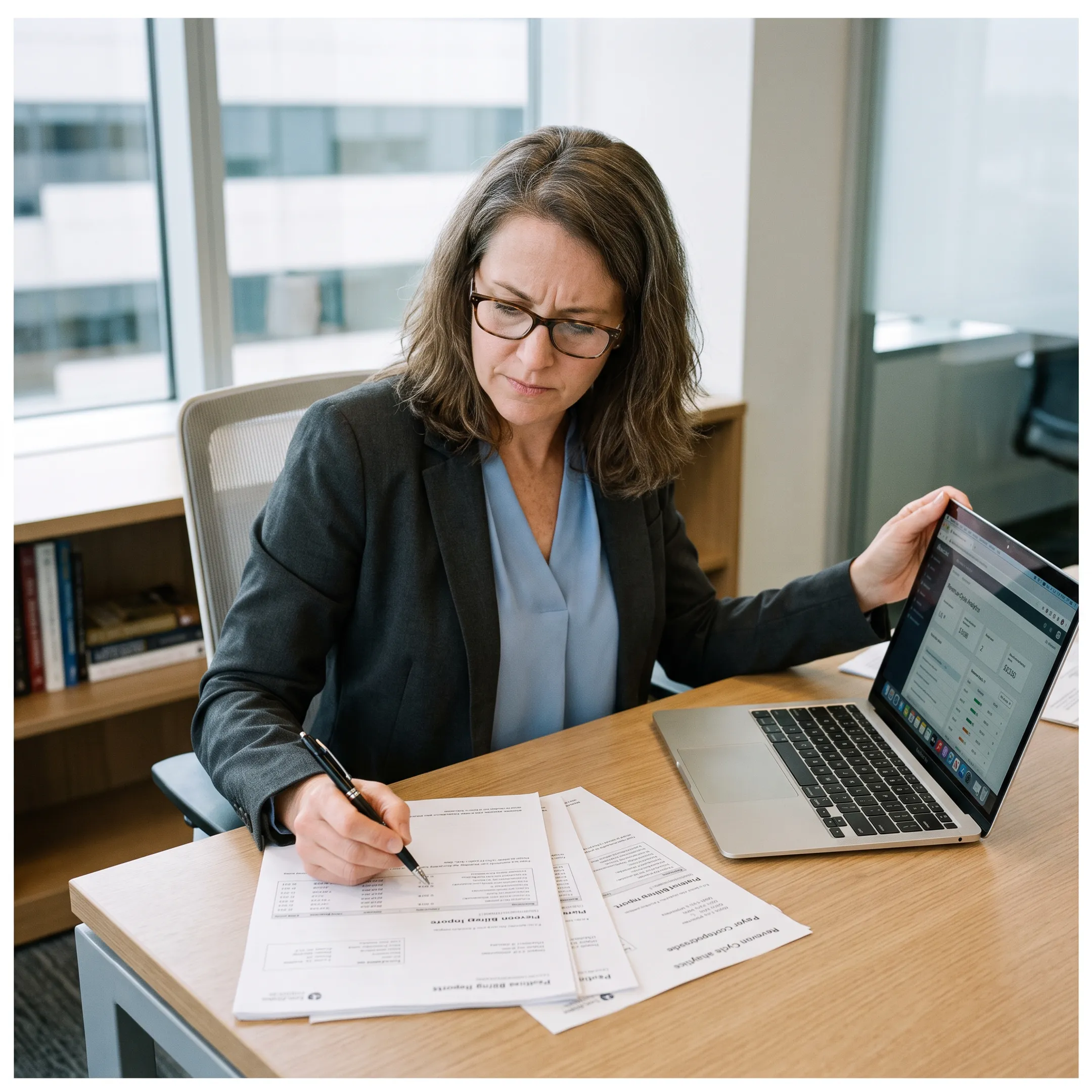 Infectious disease billing specialist reviewing claims and revenue reports for a medical practice