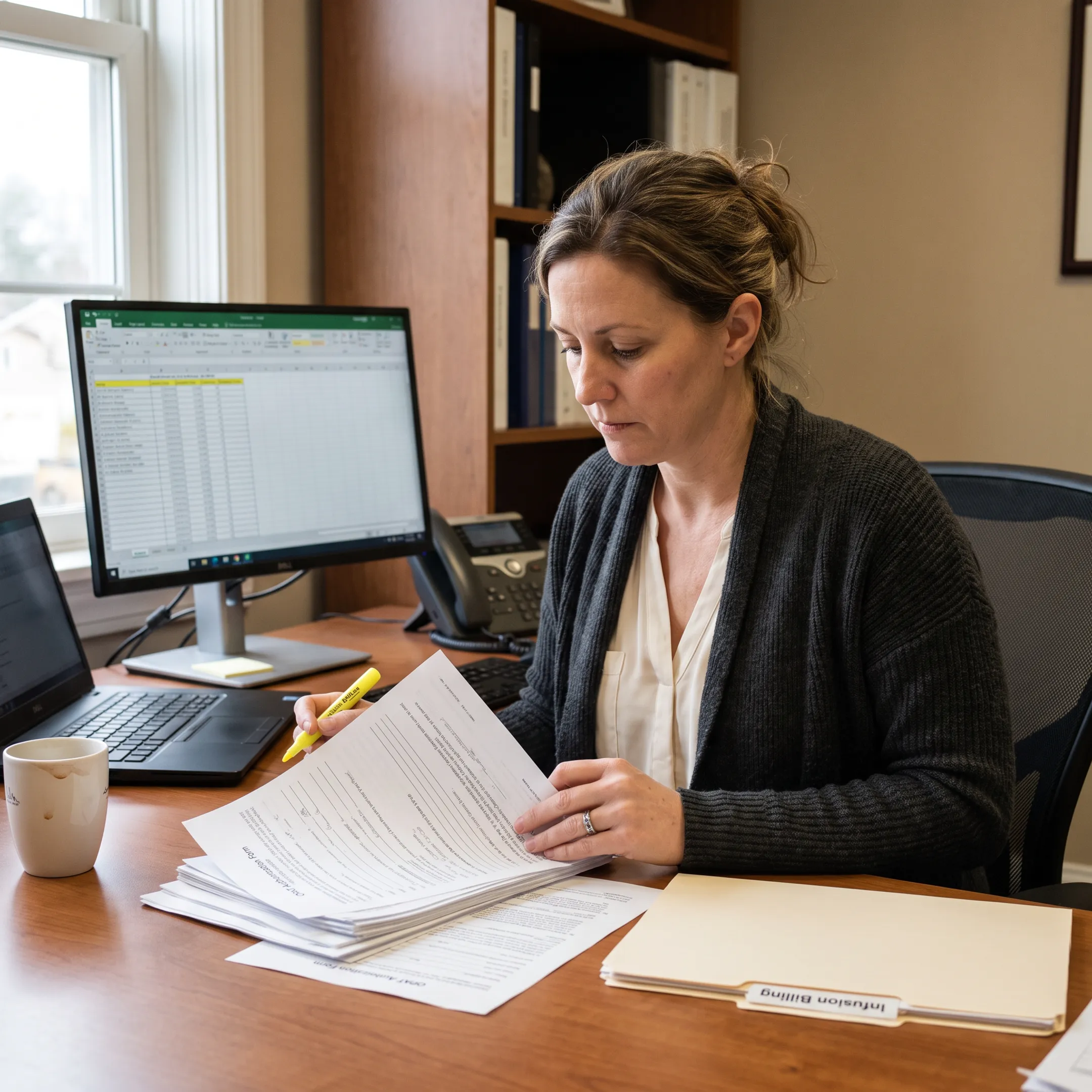 Infectious disease practice administrator analyzing revenue cycle and infusion billing information