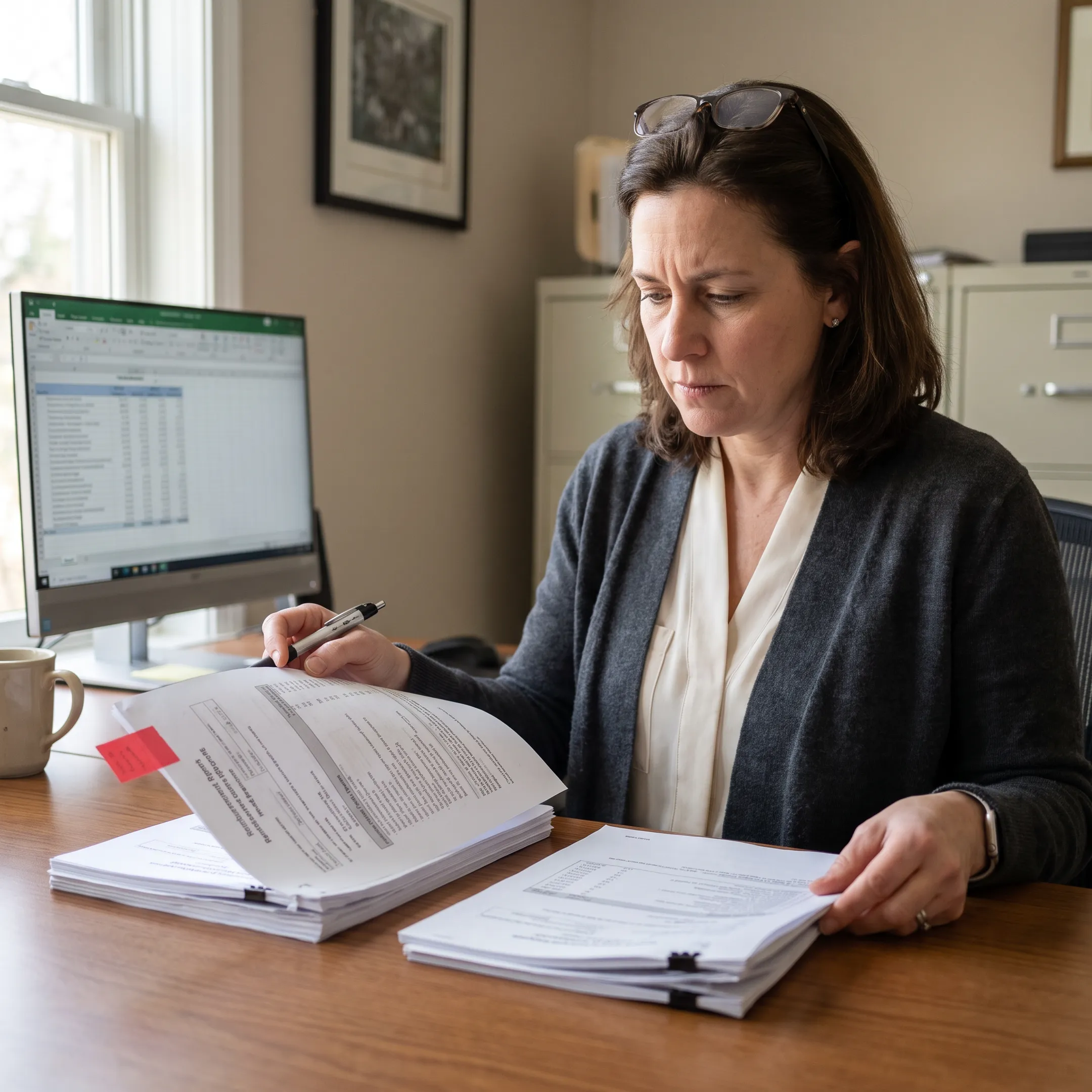 Infectious disease practice administrator reviewing billing and reimbursement reports