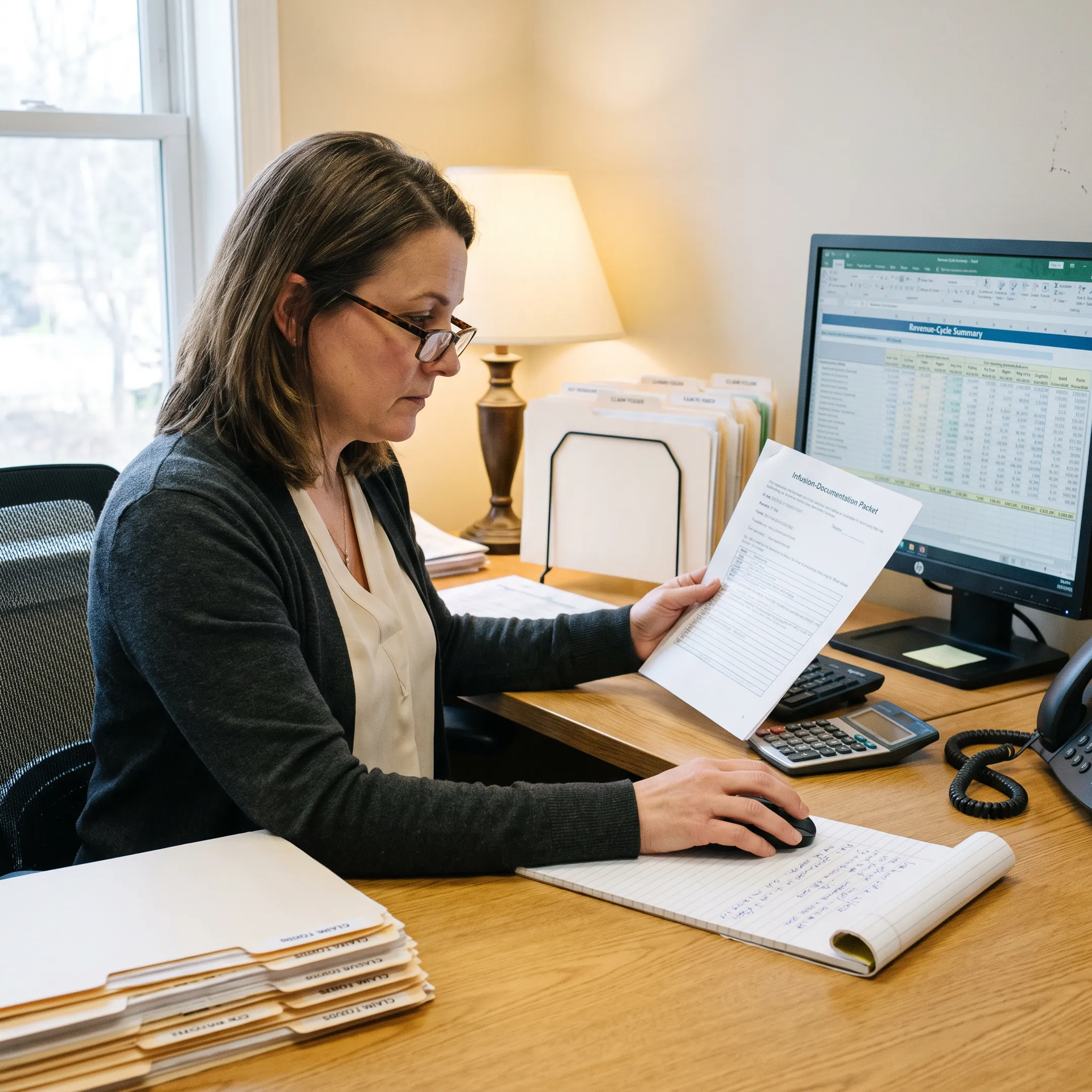 Medical billing specialist reviewing infectious disease practice claims and infusion documentation