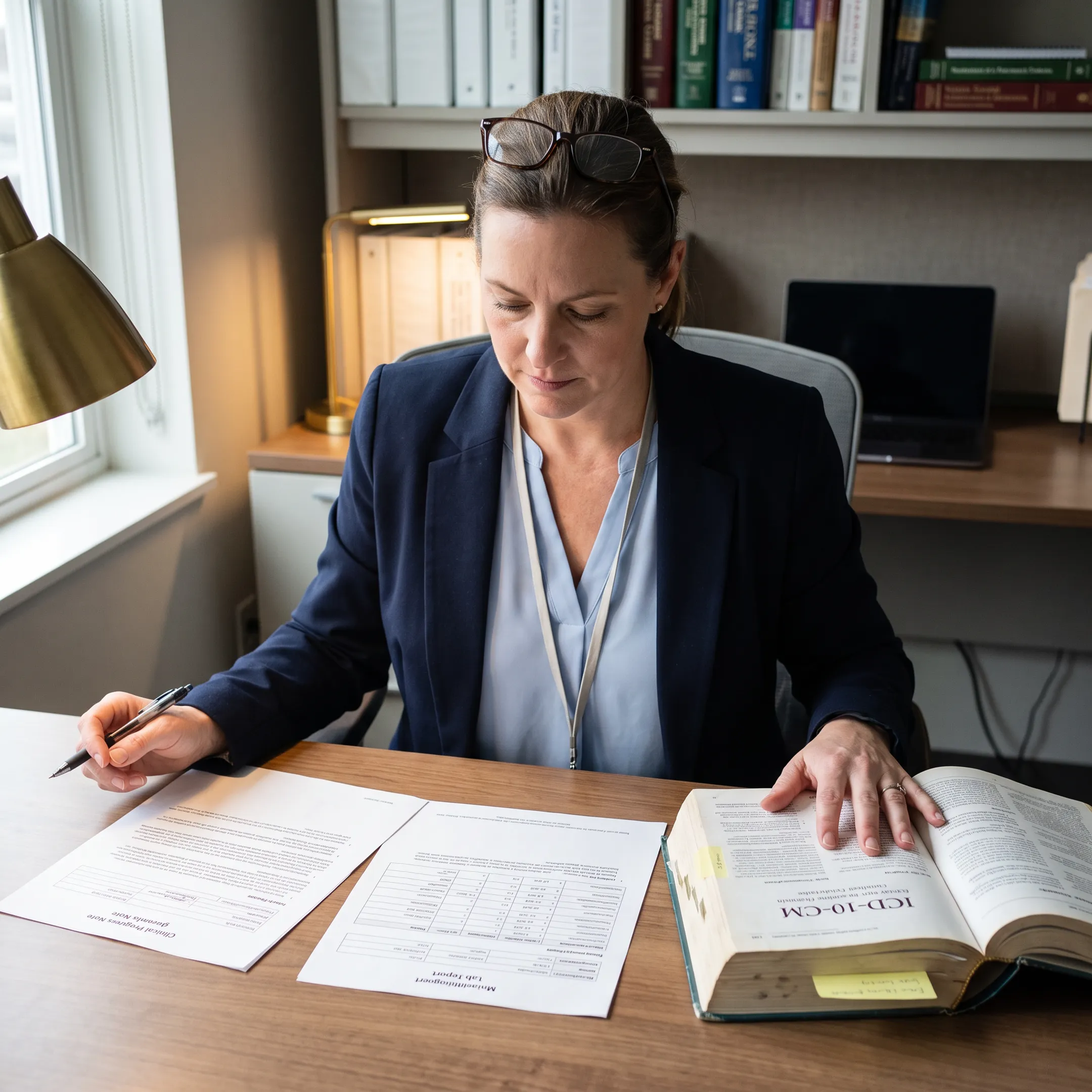 Healthcare professional comparing infectious disease documentation with ICD-10-CM coding references