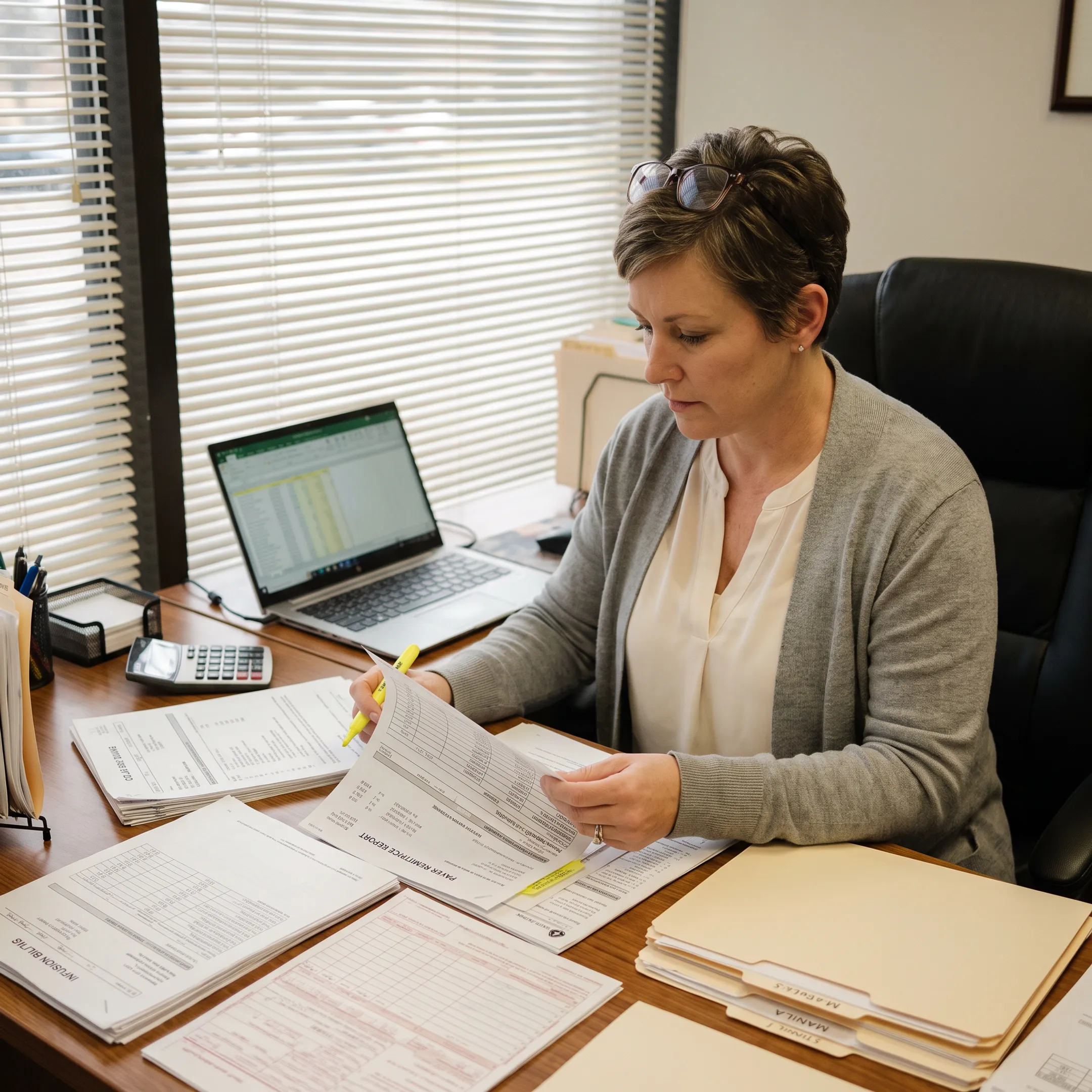 Infectious disease practice administrator reviewing billing and insurance reports