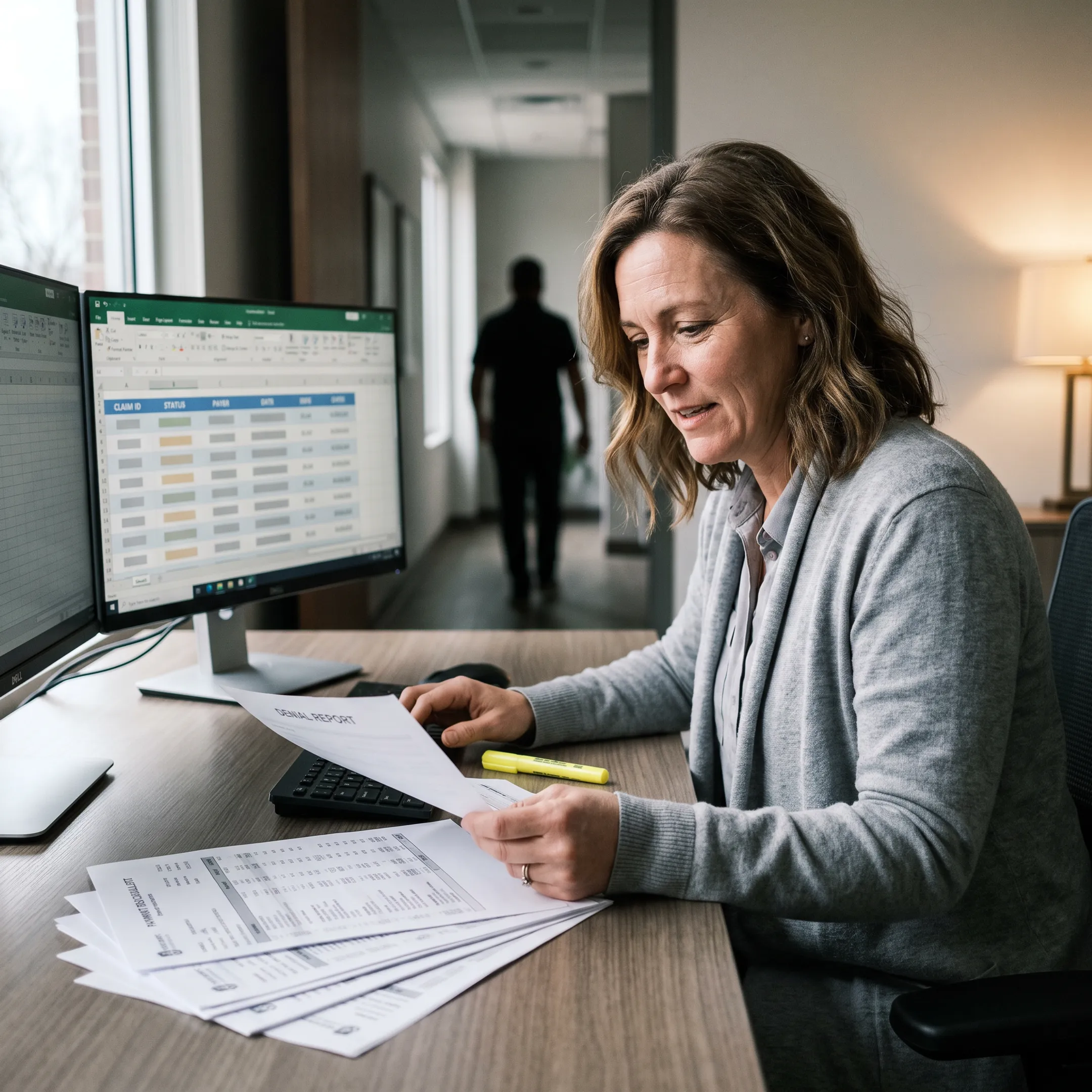 Revenue cycle specialist reviewing infectious disease claims and payment records on a computer