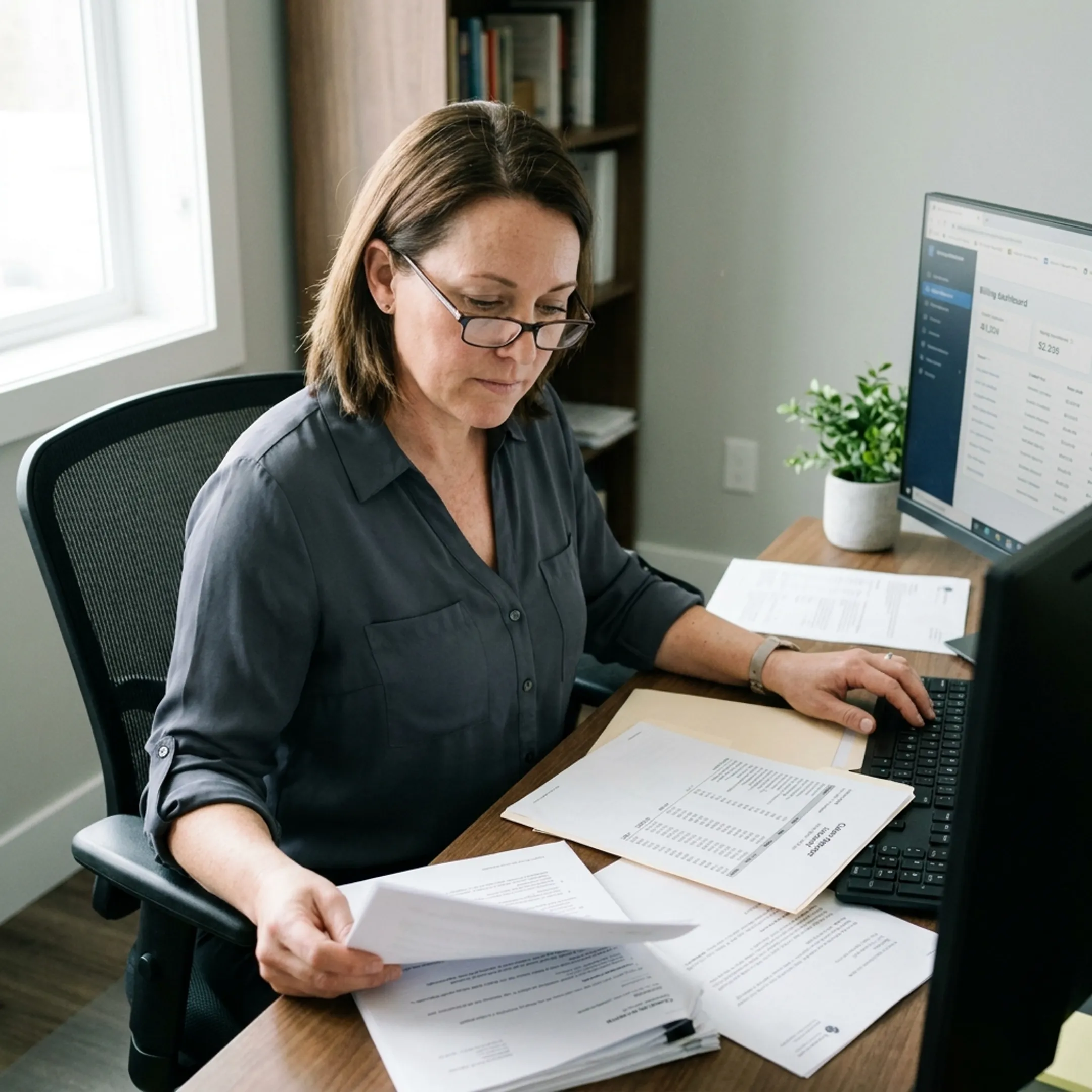 Practice administrator reviewing an insurance claim follow-up checklist