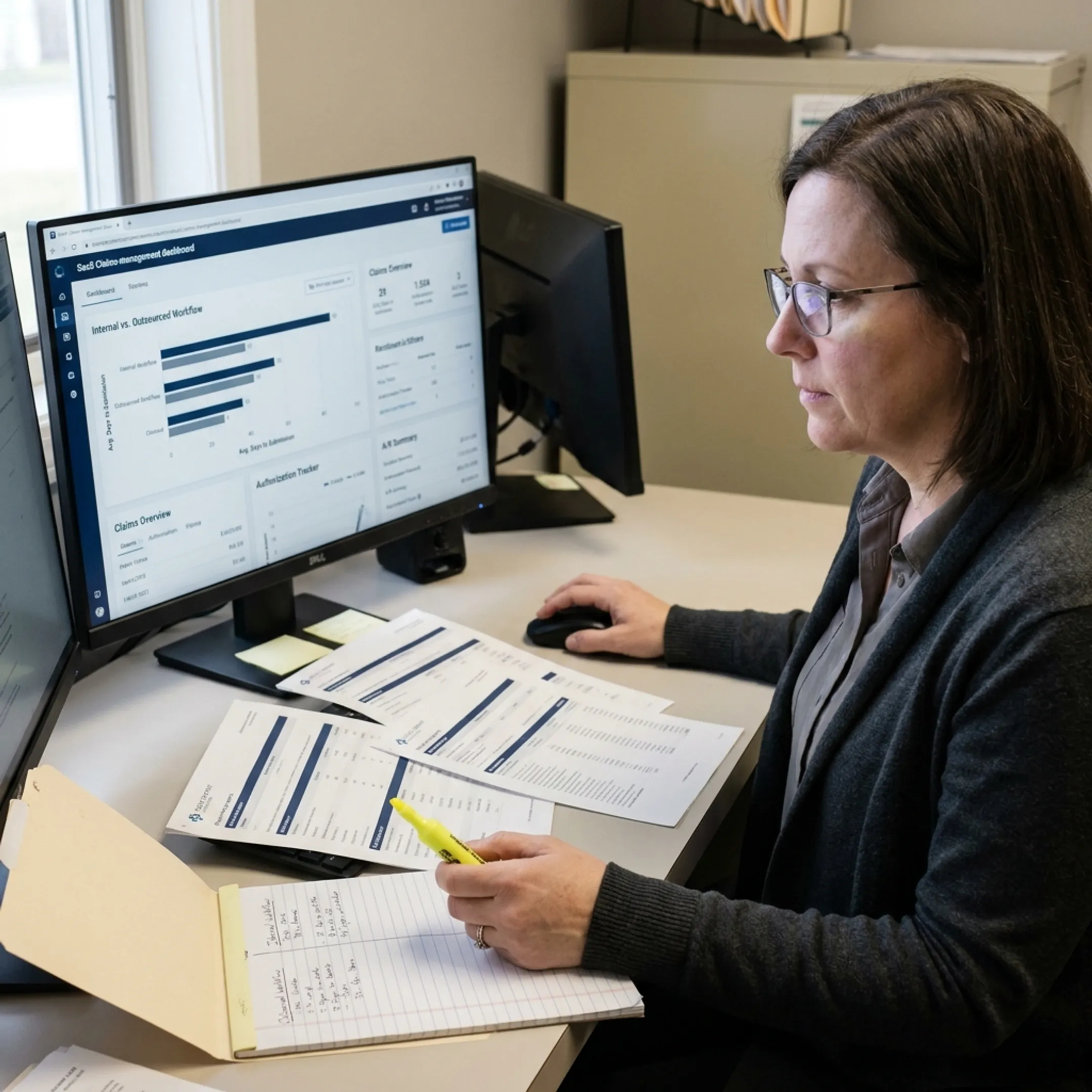 Infectious disease practice administrator comparing internal and outsourced medical billing workflows
