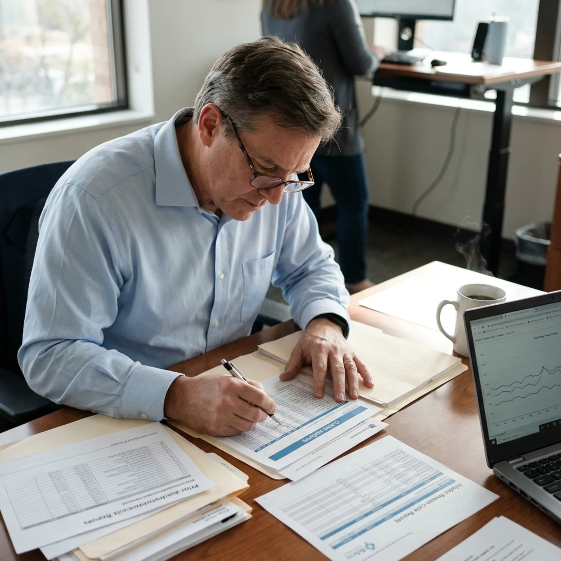 Infectious disease practice leader reviewing reimbursement workflow and revenue cycle analysis