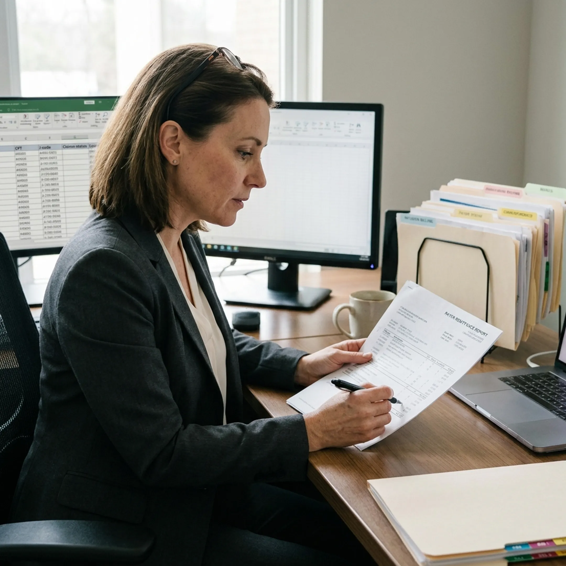 Healthcare reimbursement specialist reviewing infectious disease practice claims and payment reports