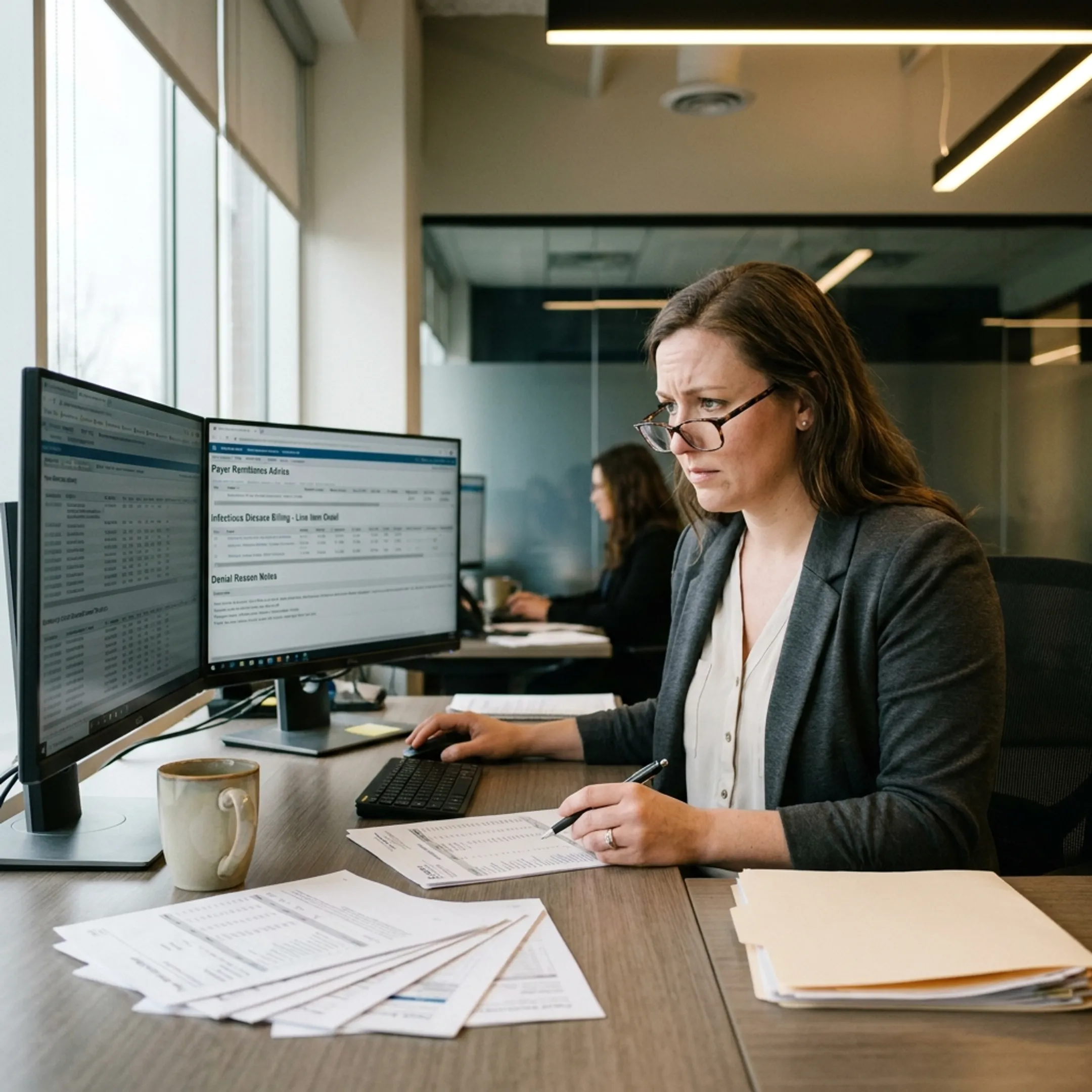 Revenue cycle specialist analyzing medical claims and payment reconciliation