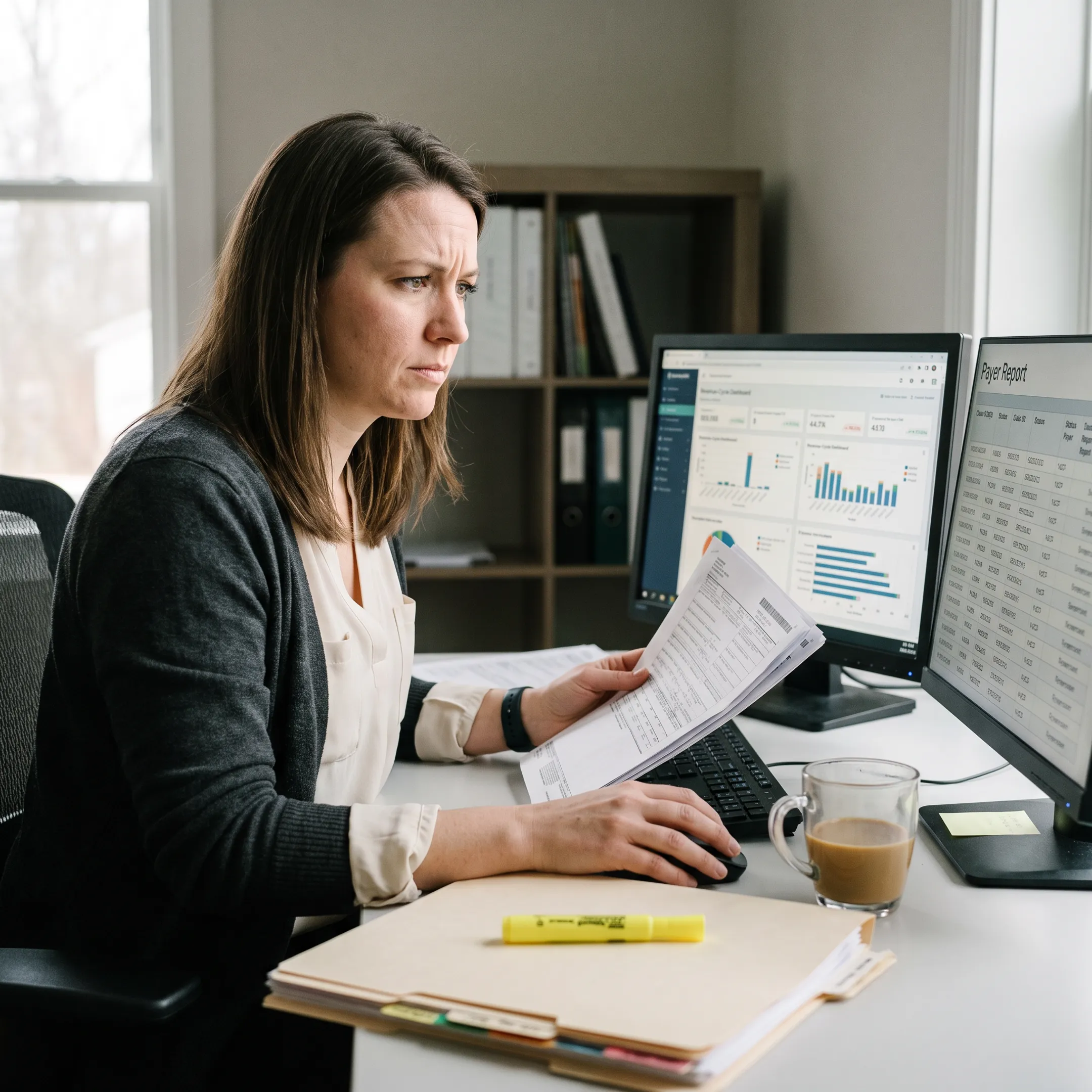Medical billing specialist reviewing infectious disease practice claims and reimbursement reports
