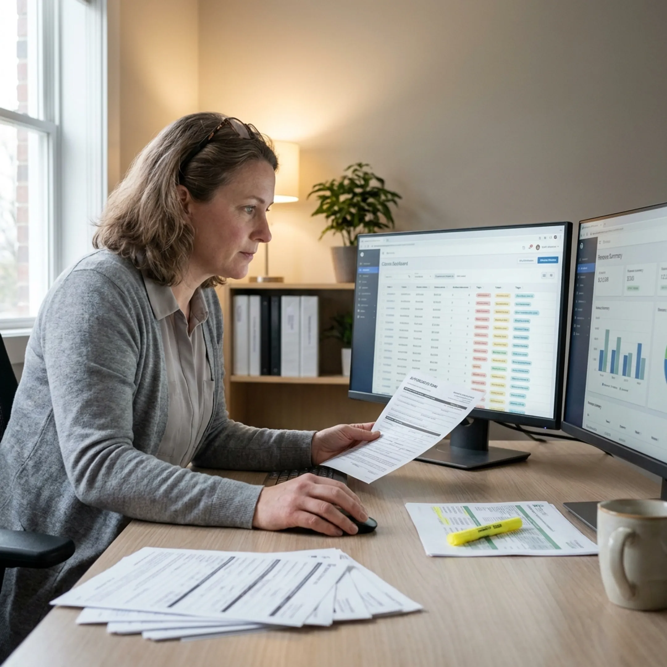 Revenue cycle specialist reviewing infectious disease billing and infusion claim reports