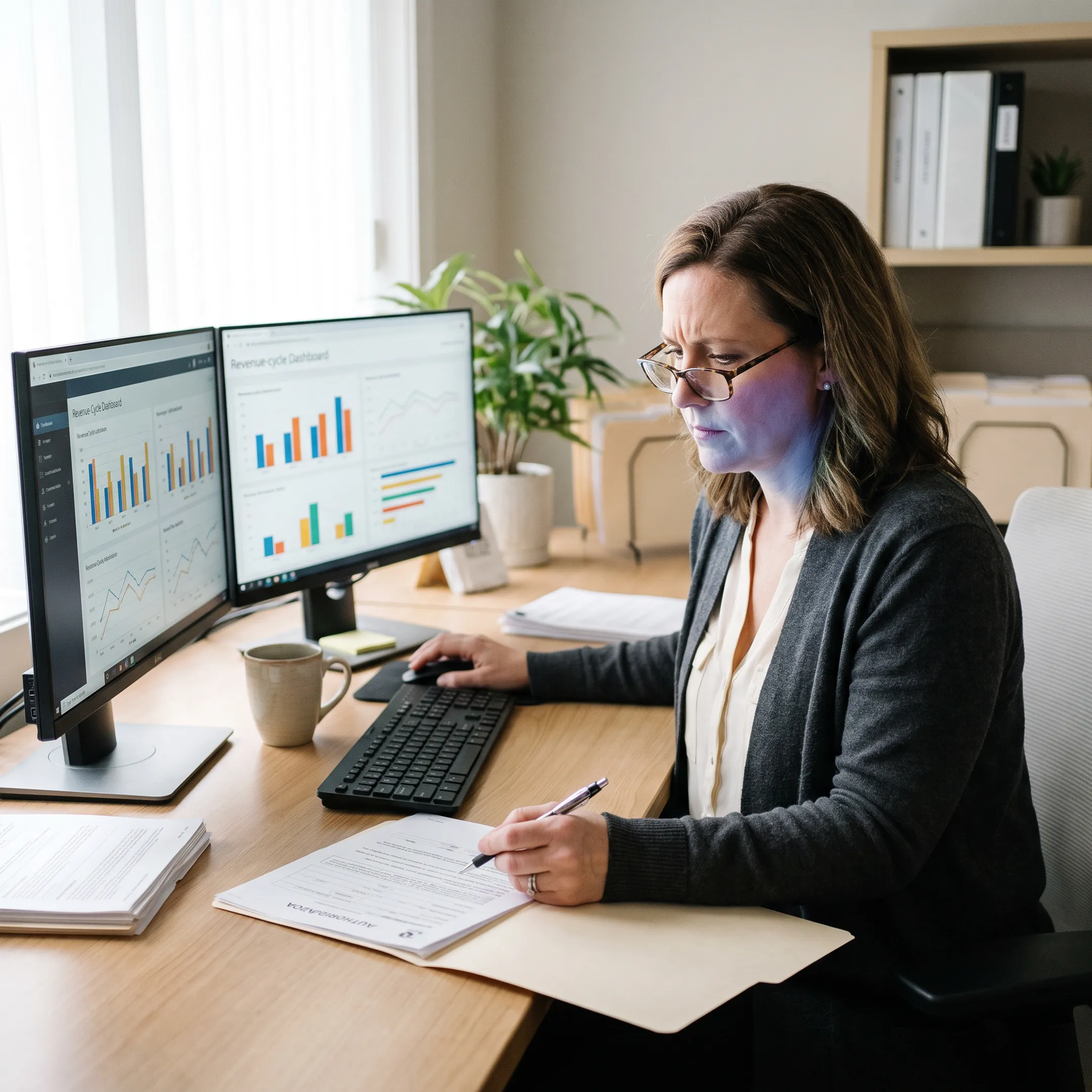 Infectious disease practice administrator reviewing revenue cycle reports and claims data