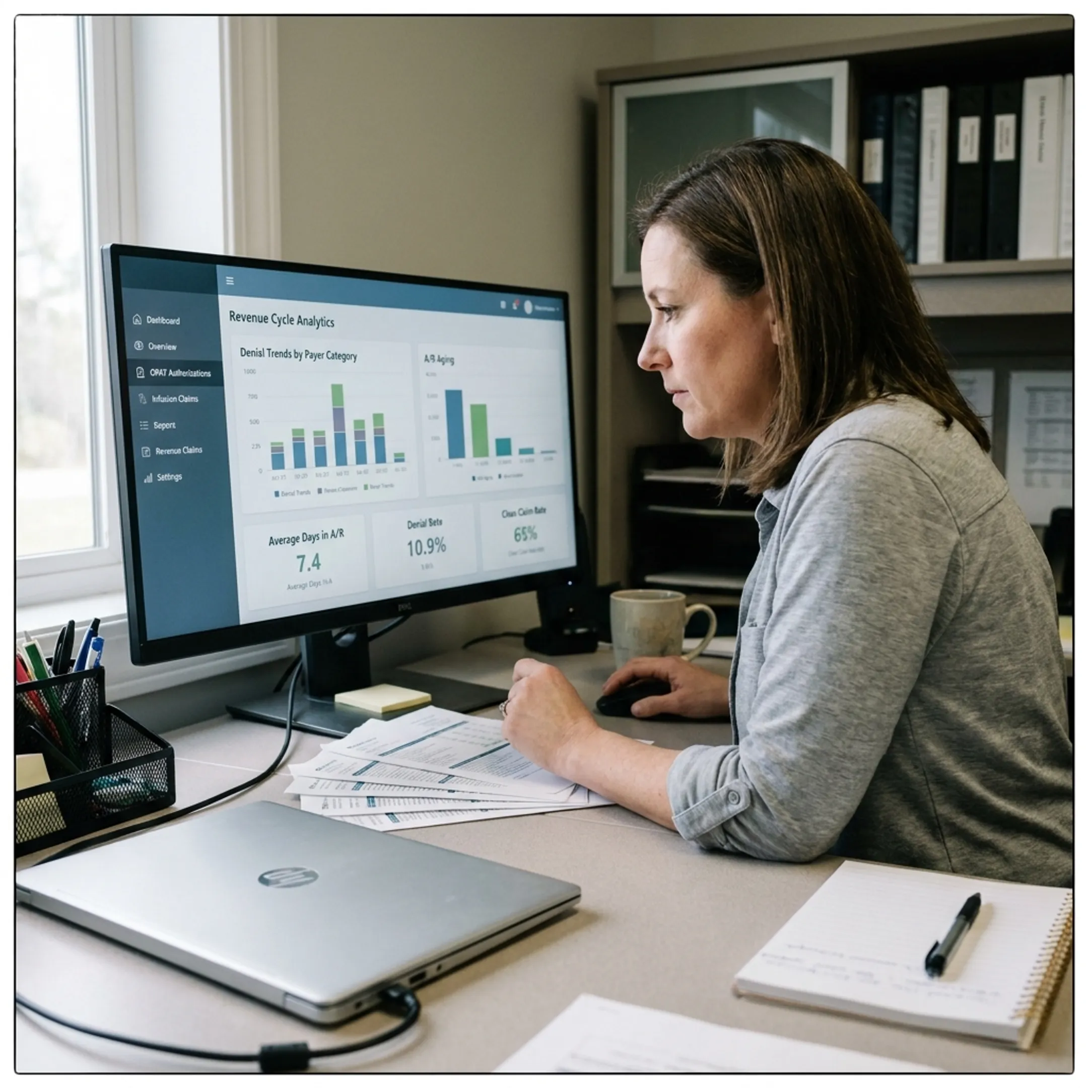 Healthcare administrator reviewing infectious disease billing analytics and authorization workflows on a laptop