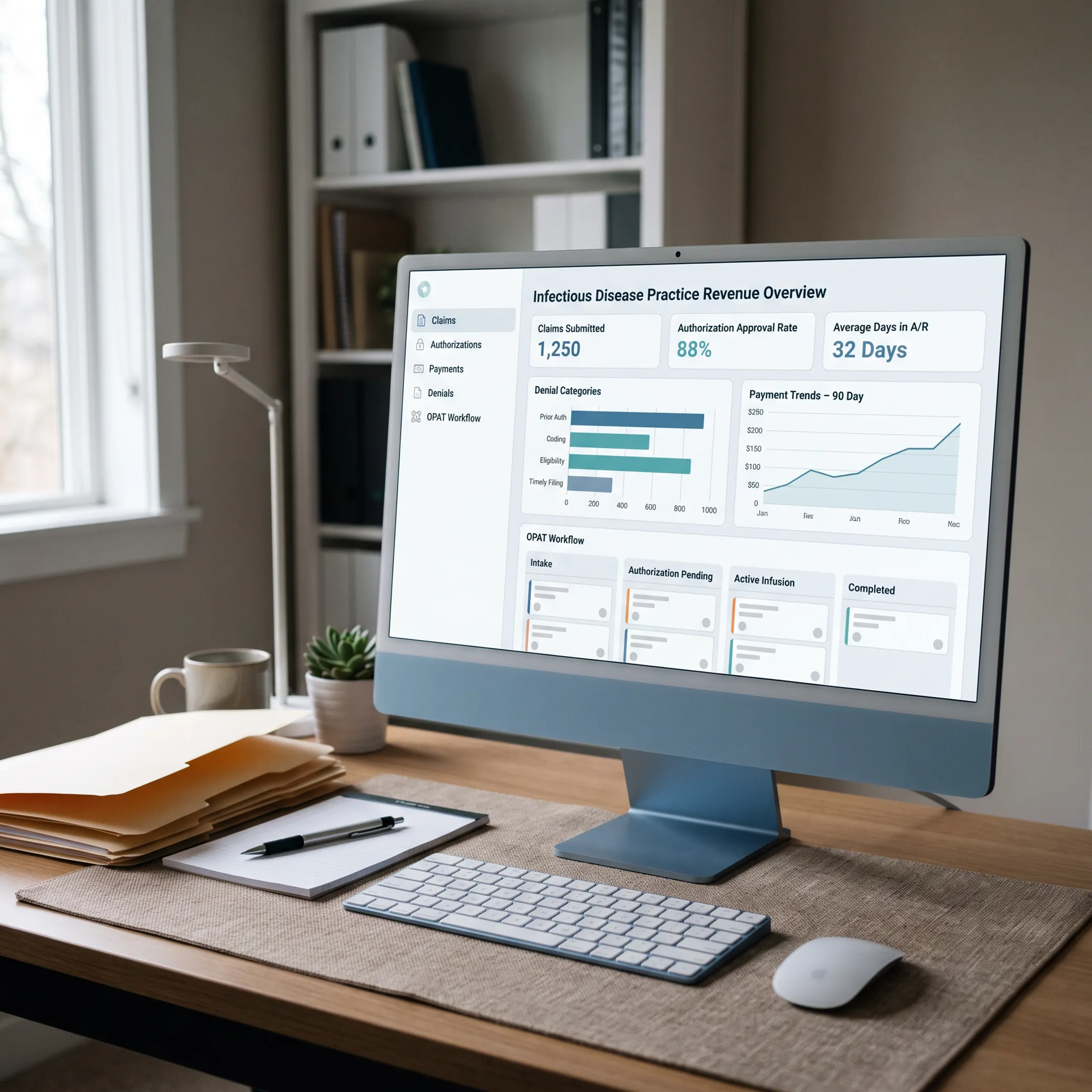 Infectious disease billing software dashboard showing claims, authorizations, payments, and OPAT revenue-cycle data
