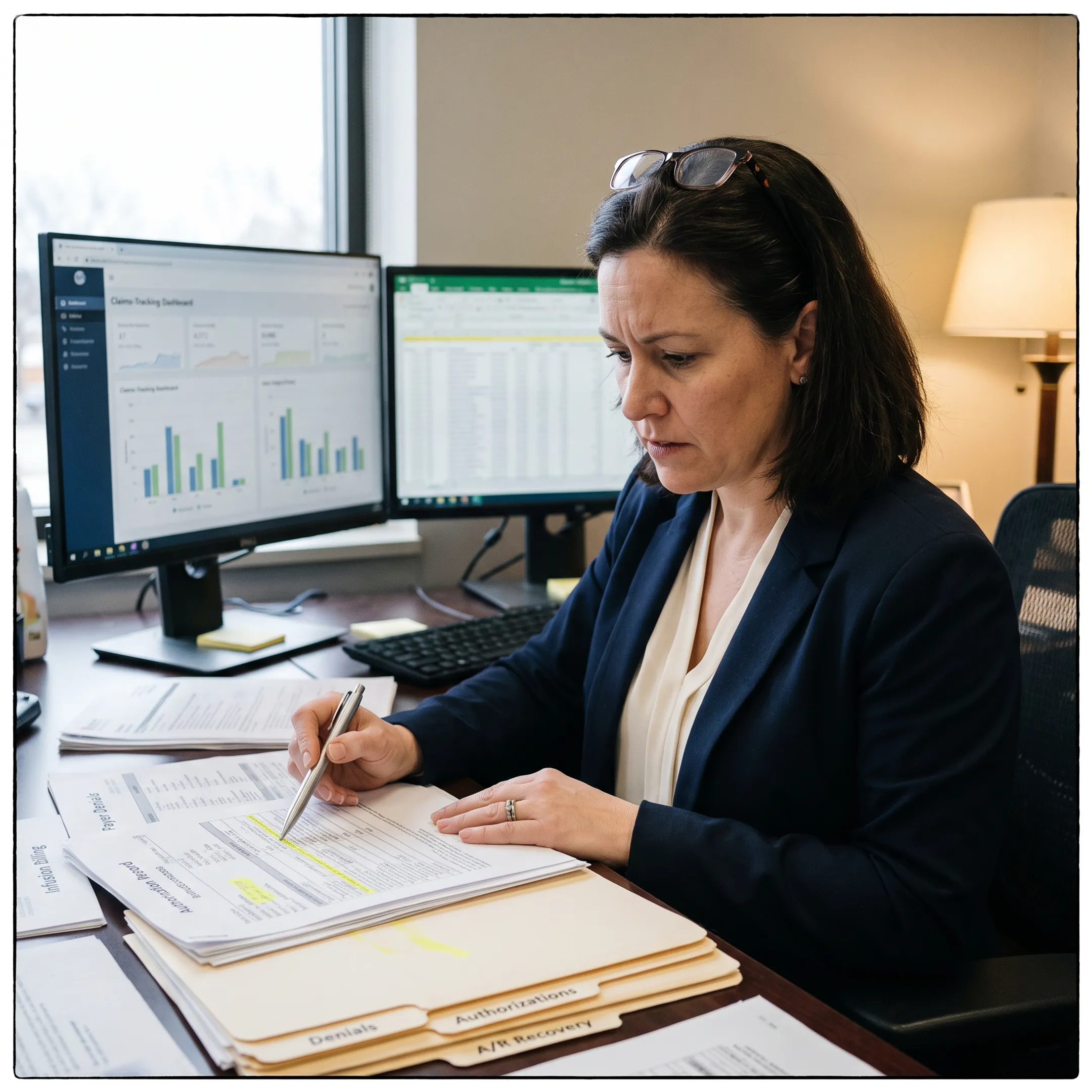 Specialist analyzing infectious disease billing, coding, and infusion revenue-cycle data