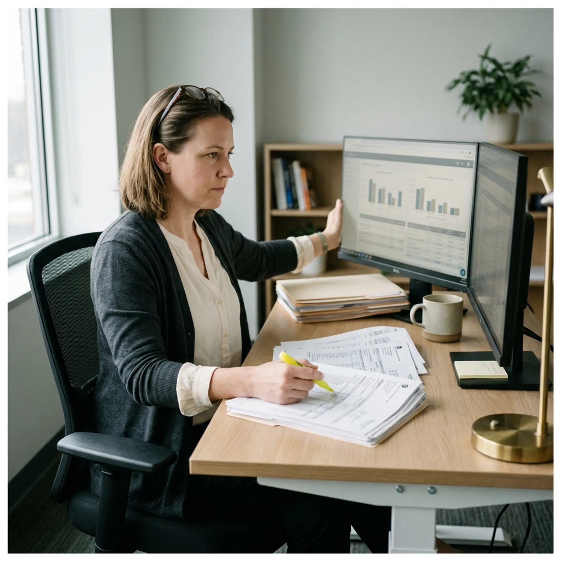 Medical billing specialist reviewing infectious disease practice claims and revenue-cycle reports