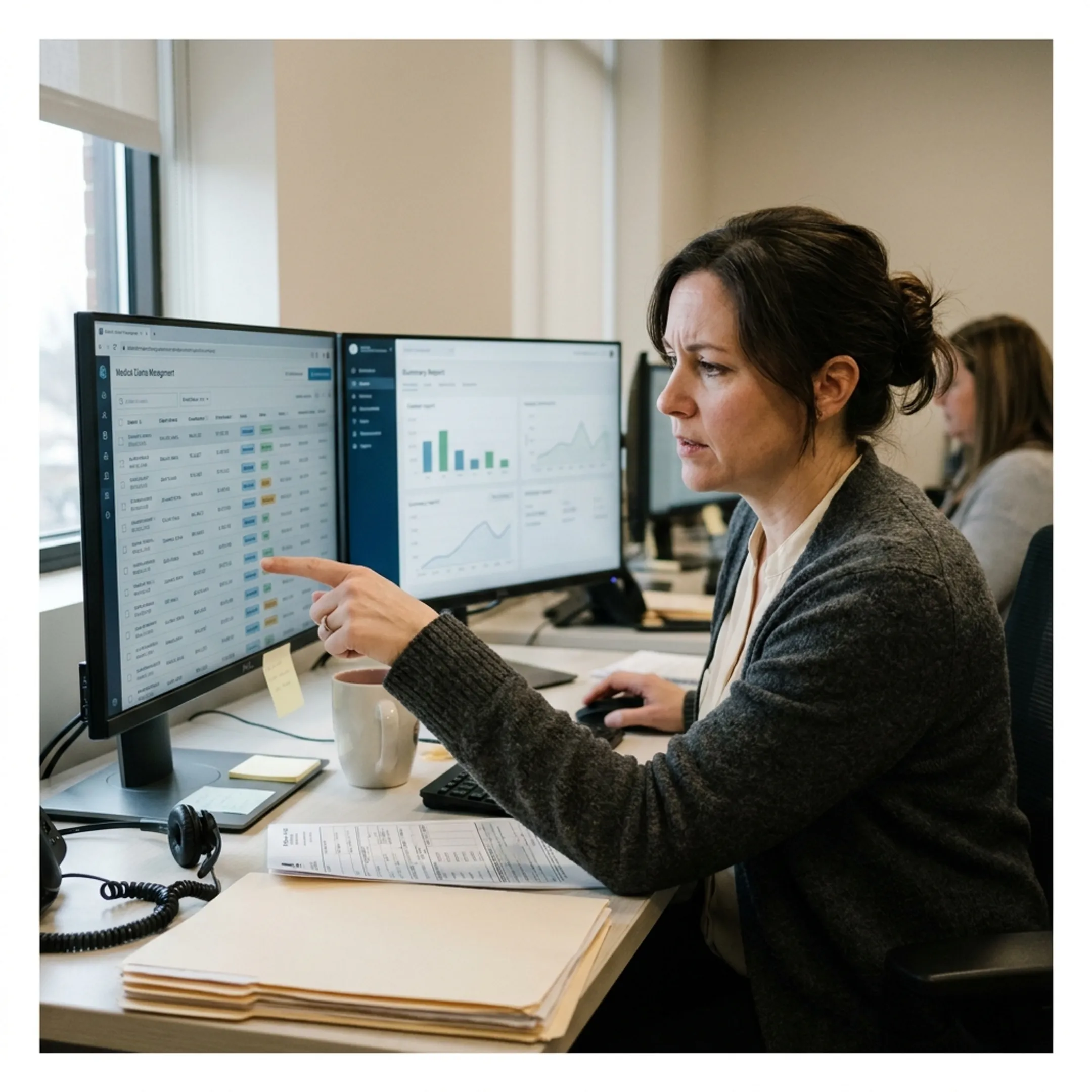 Medical billing specialist reviewing infectious disease practice claims and revenue reports