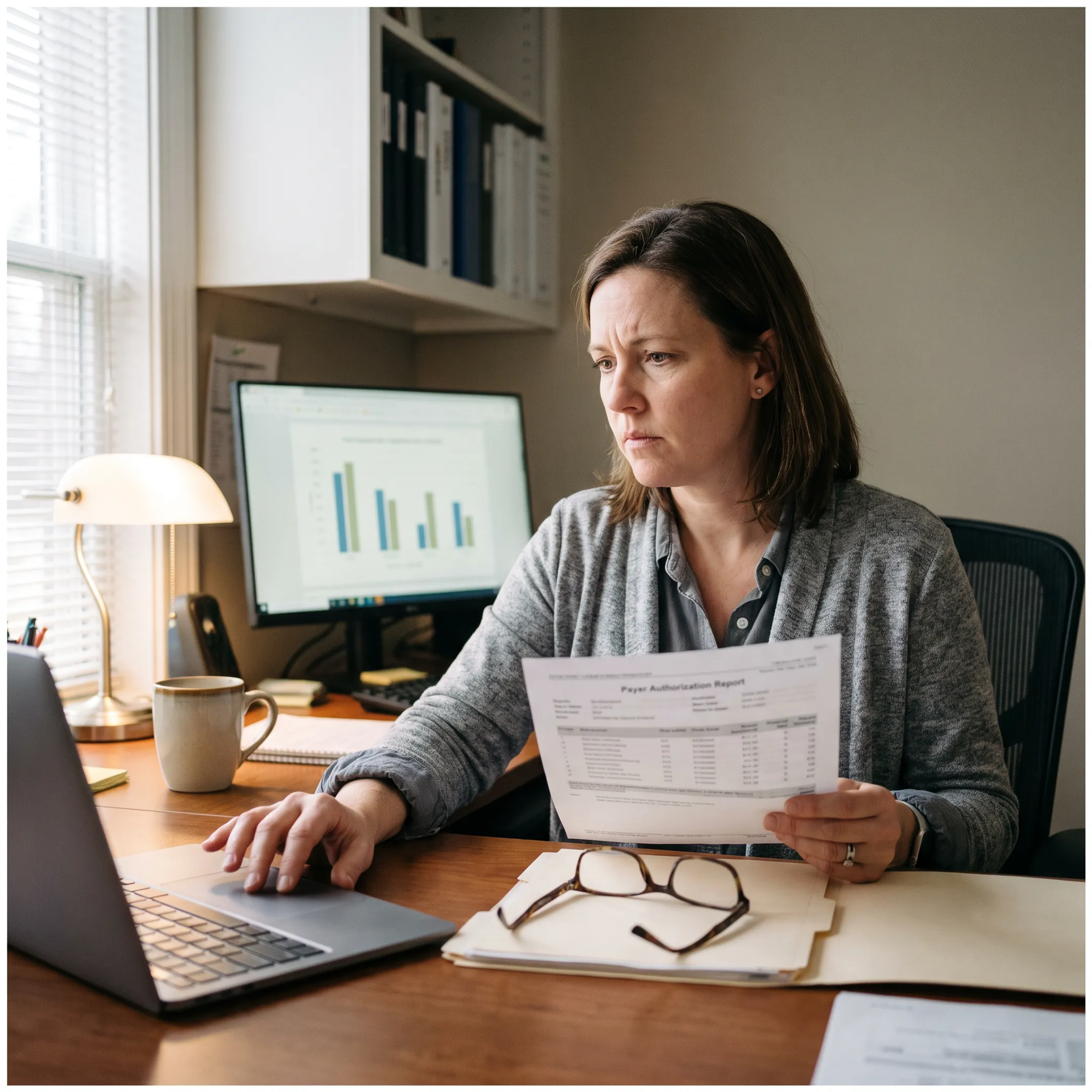 Infectious disease practice administrator analyzing billing workflow and payer reports
