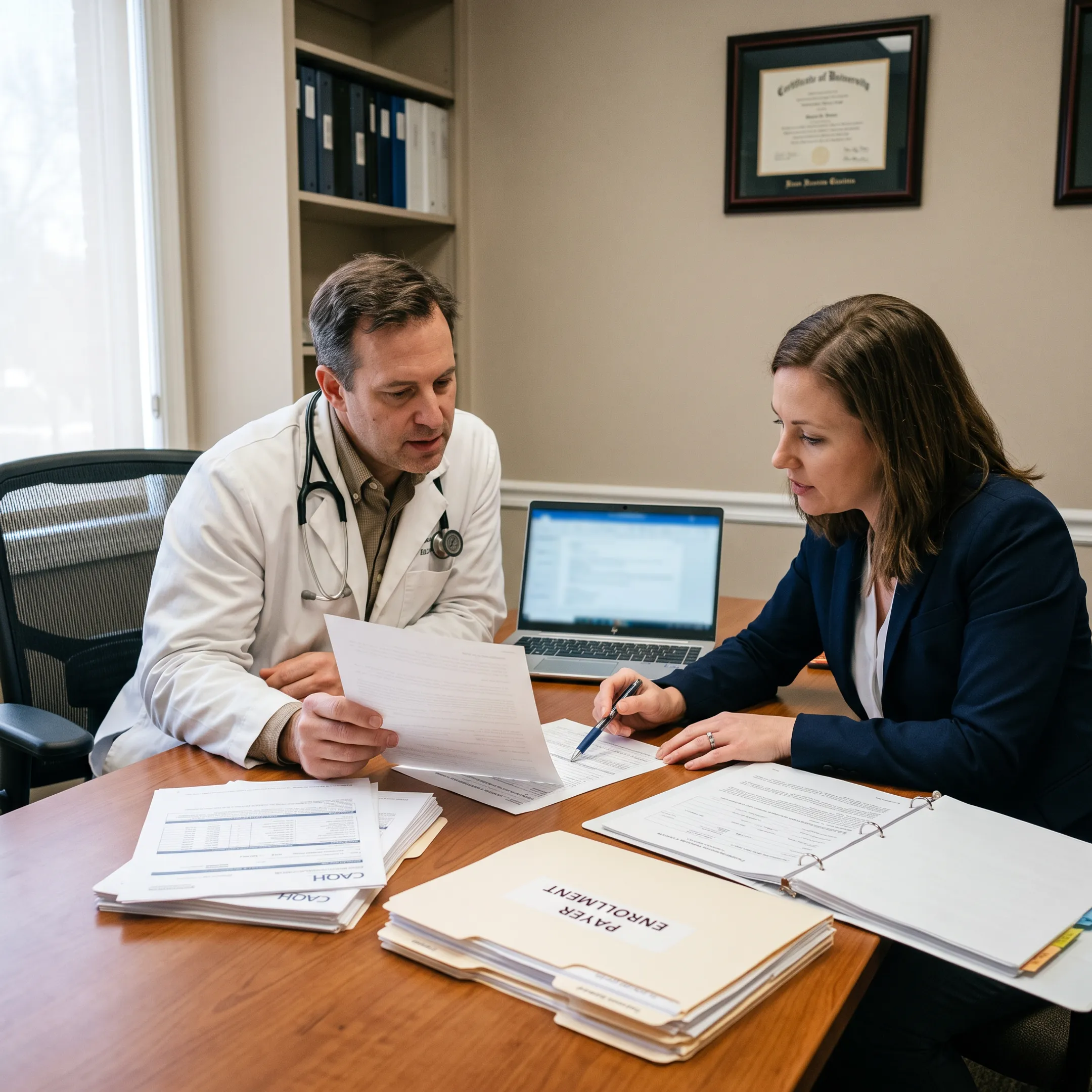 Medical practice administrator reviewing payer credentialing documents with a physician
