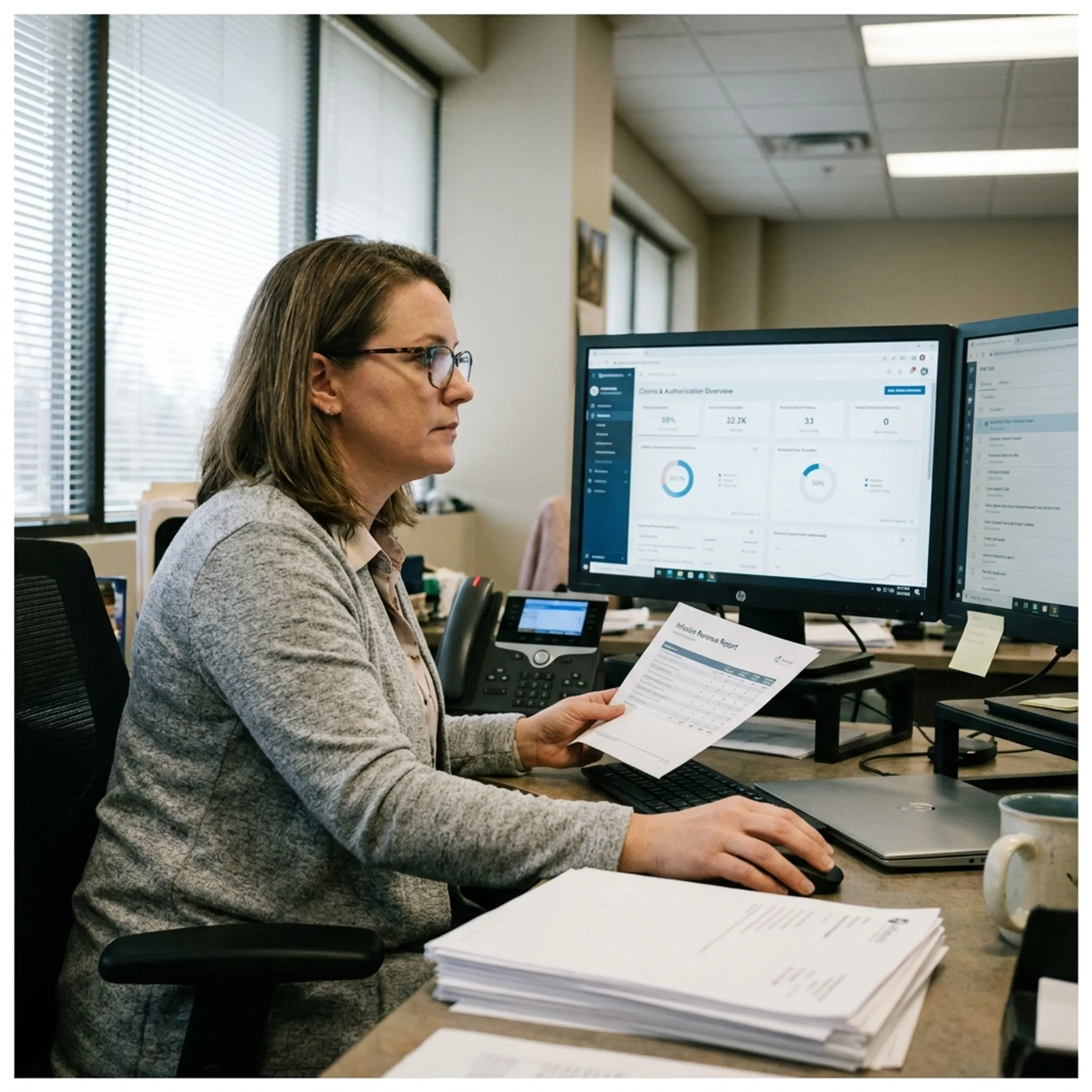 Infectious disease practice administrator analyzing claims and infusion revenue information