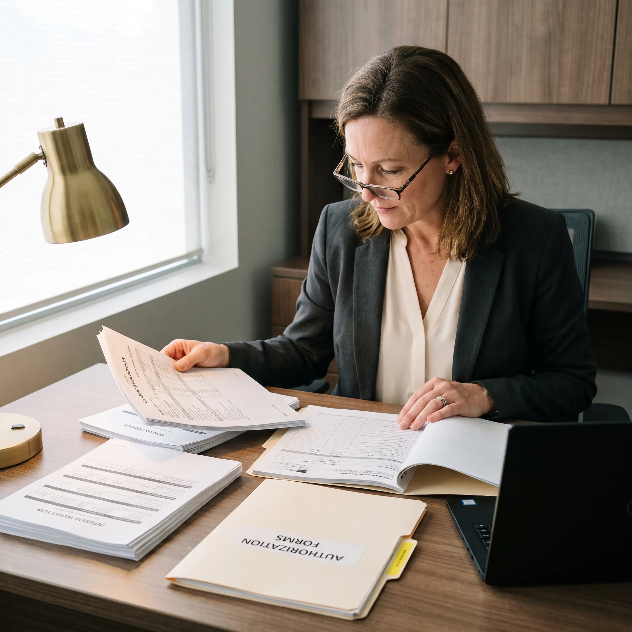 Medical management professional reviewing infectious disease practice revenue cycle reports