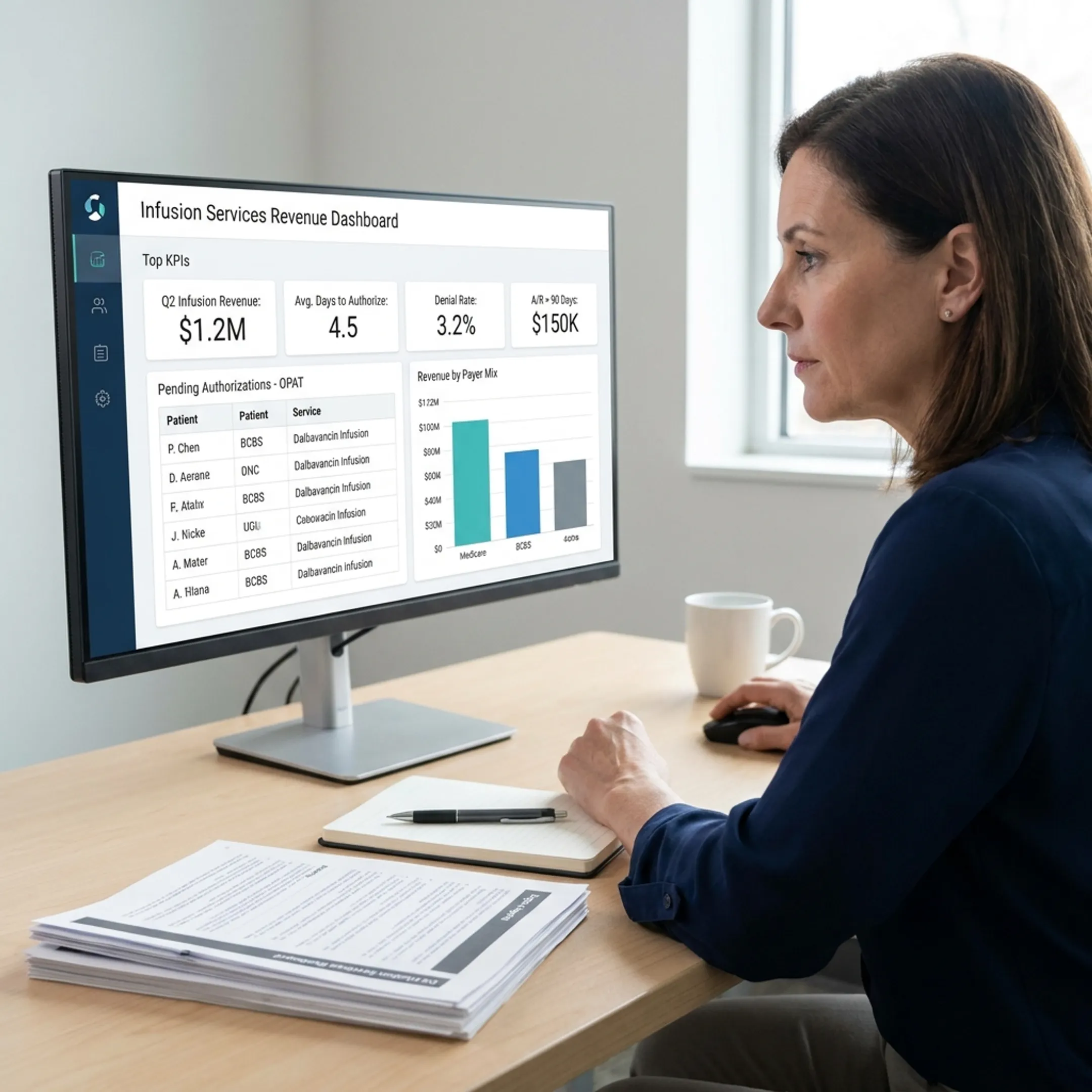 Infectious disease practice administrator analyzing billing workflow and infusion revenue data