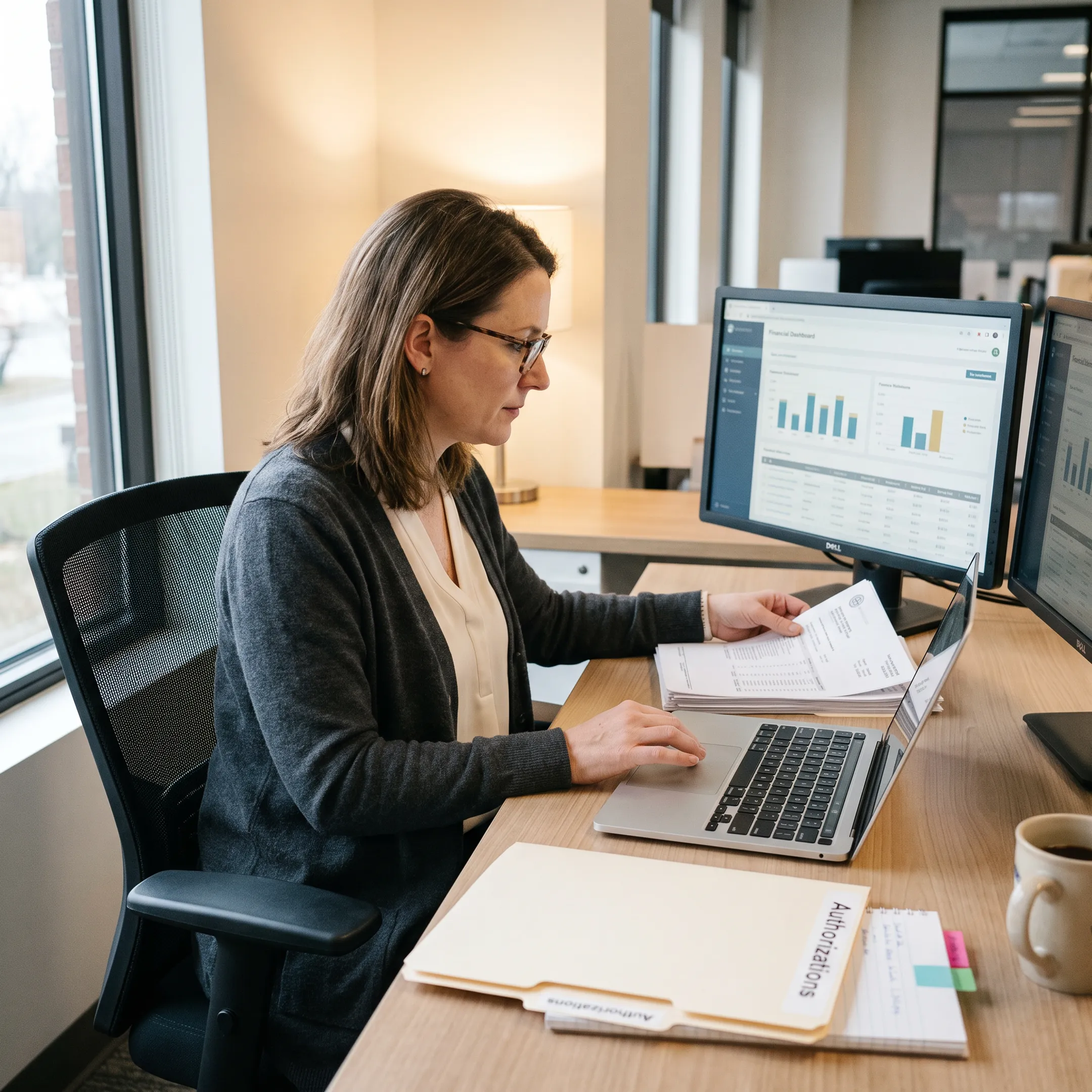 Medical billing specialist reviewing infectious disease practice claims and revenue-cycle reports