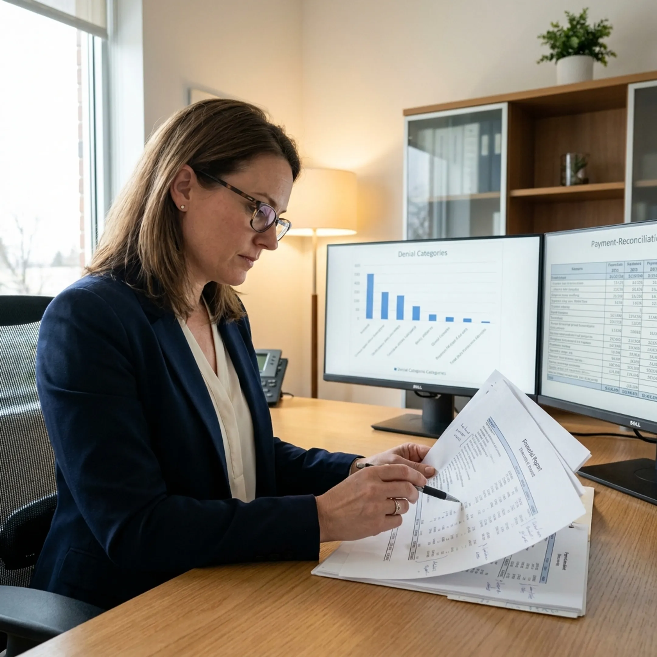 Practice administrator analyzing infectious disease accounts receivable reports