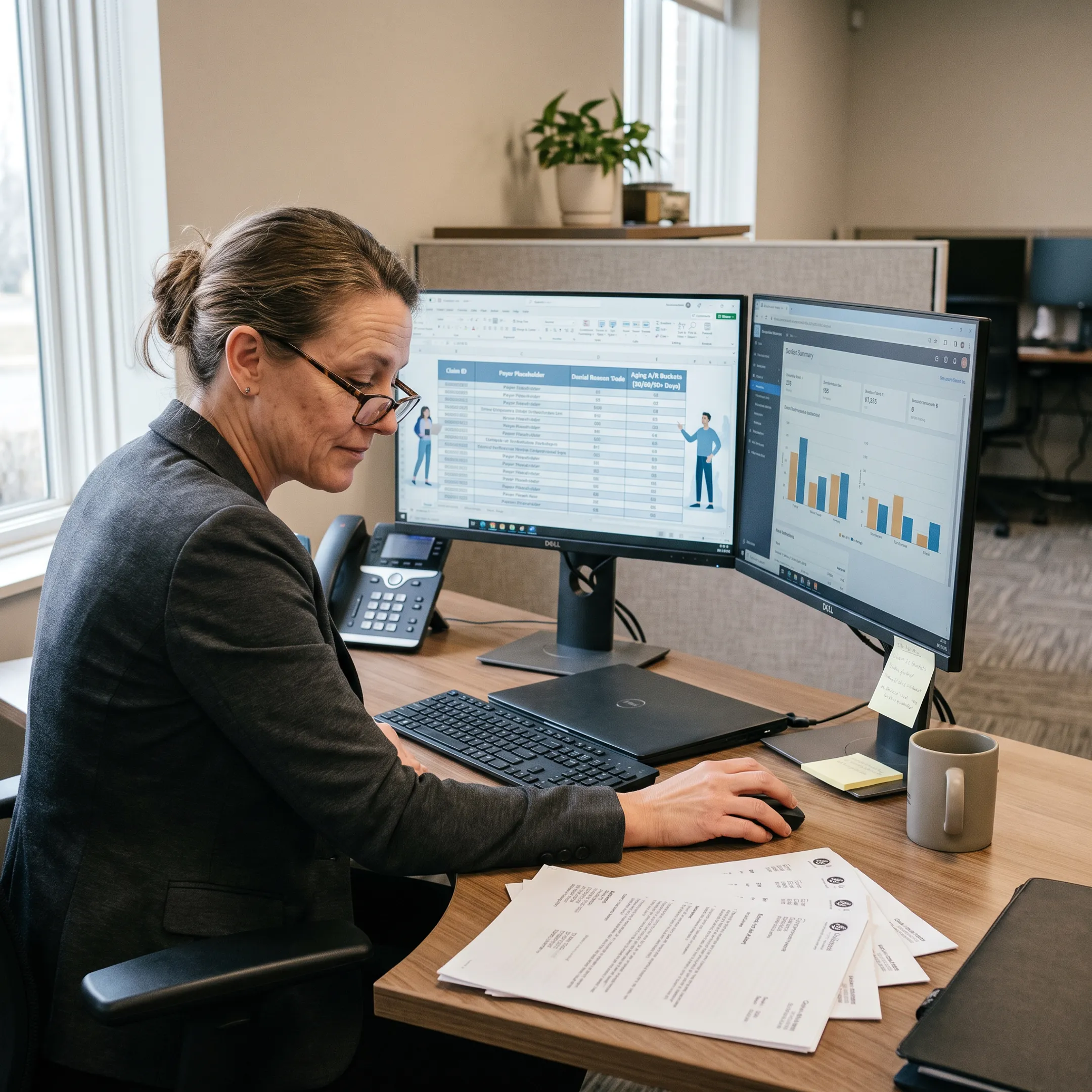 Healthcare revenue specialist reviewing medical claims and aging accounts receivable data