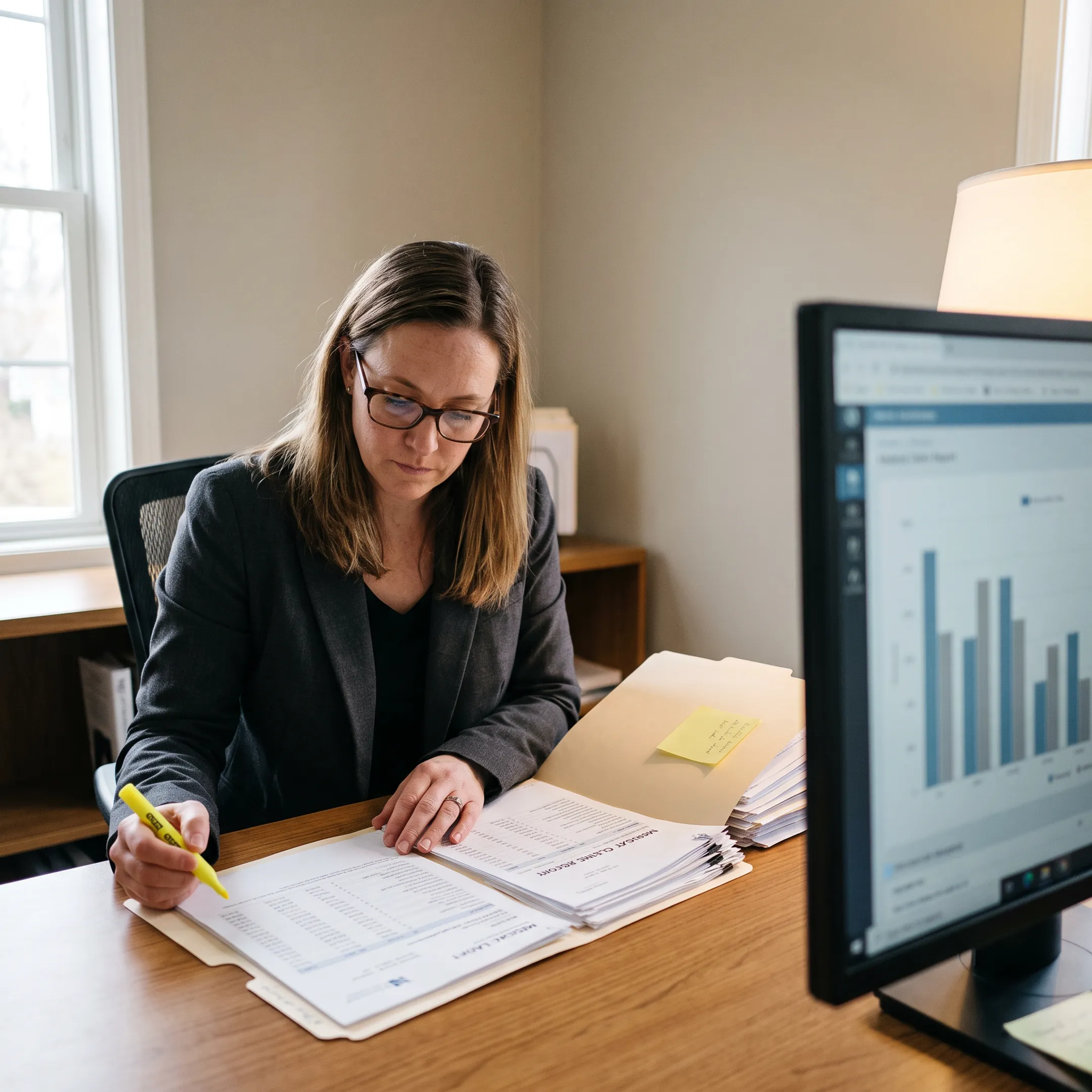 Medical billing specialist reviewing infectious disease practice claims and revenue cycle reports