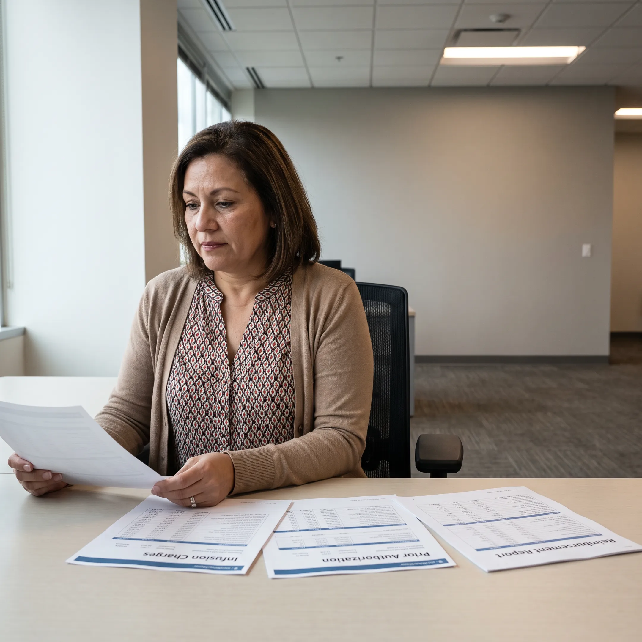 Specialist analyzing infectious disease billing workflow and infusion revenue data