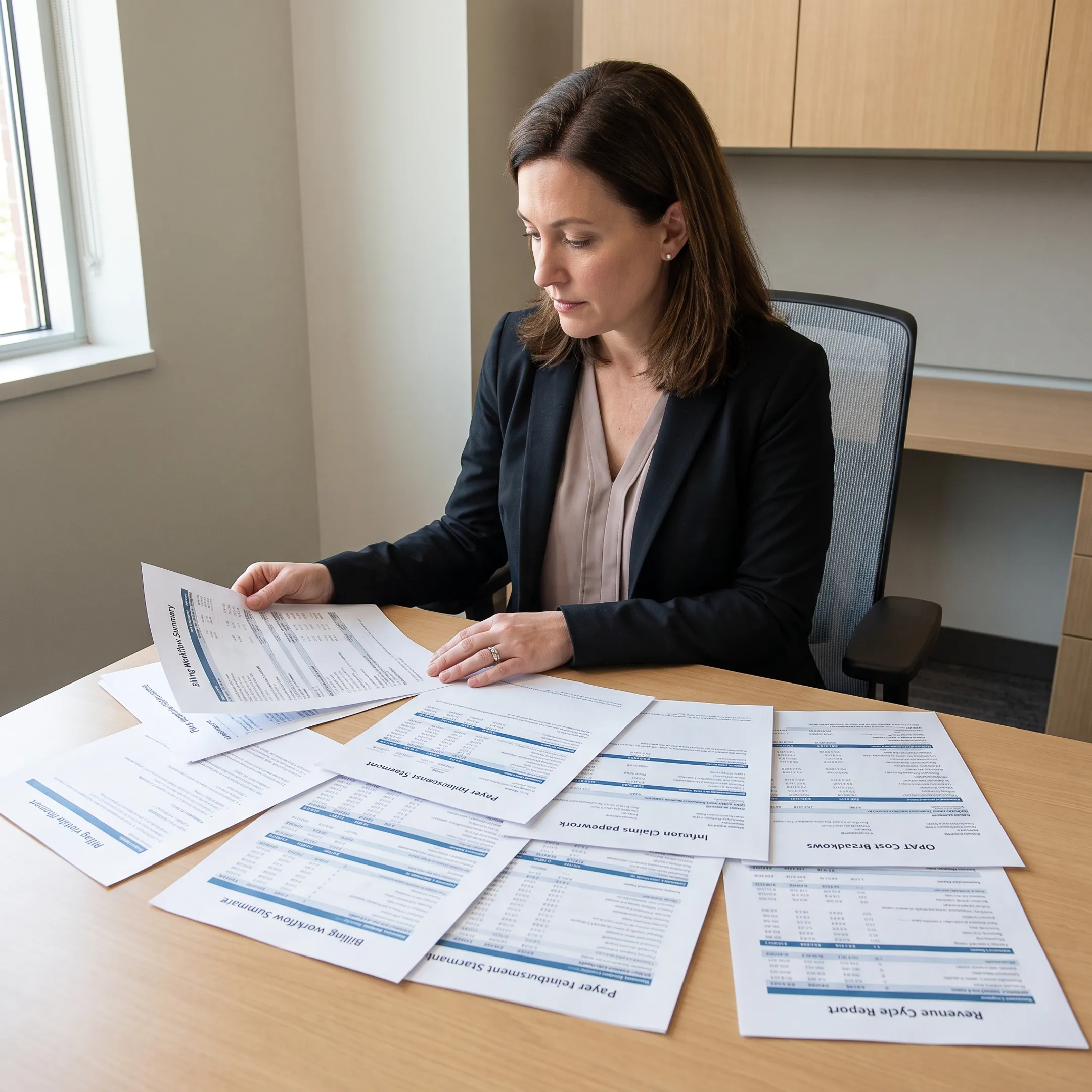 Infectious disease practice manager analyzing billing workflow and payer reimbursement