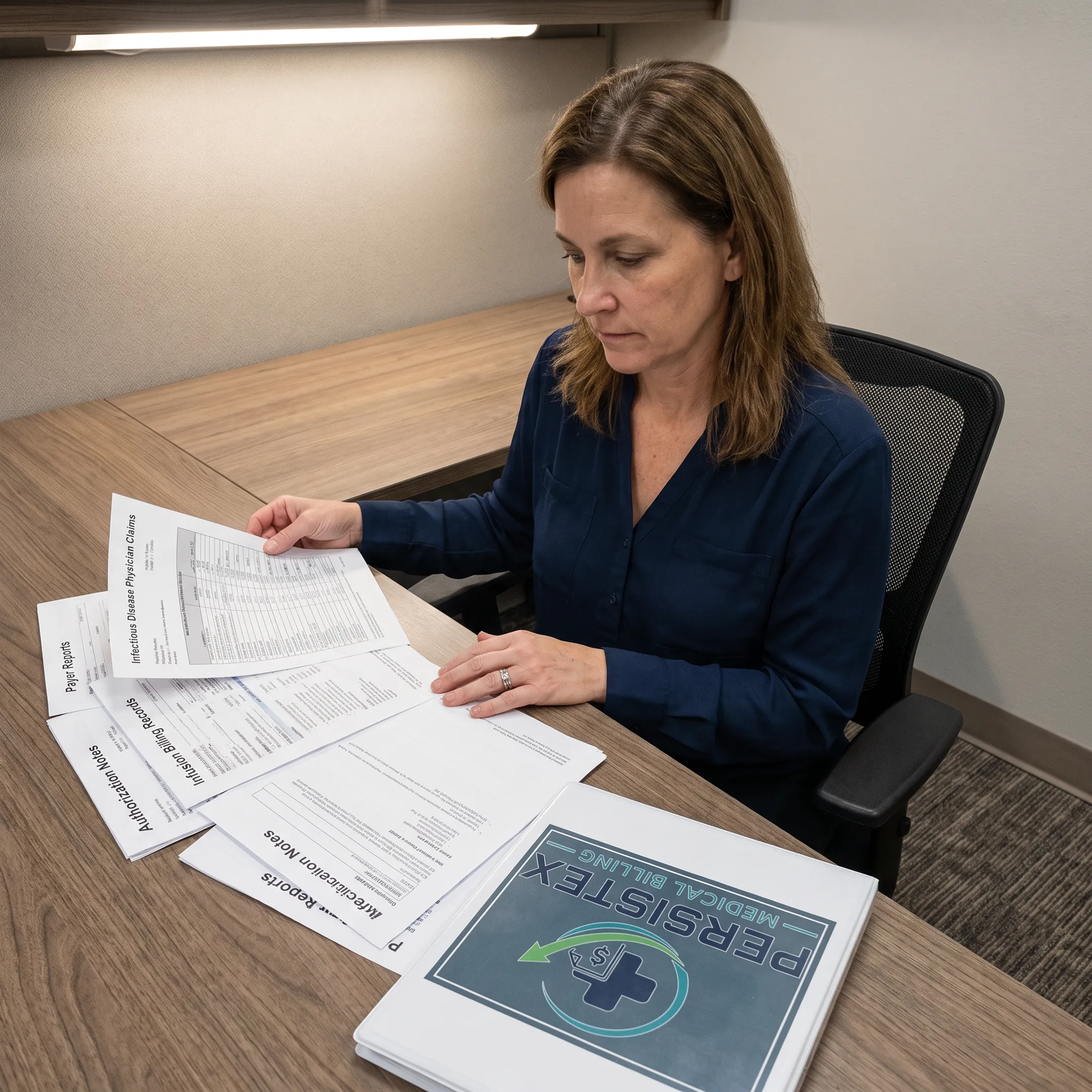 Medical billing specialist reviewing infectious disease physician claims and revenue cycle reports