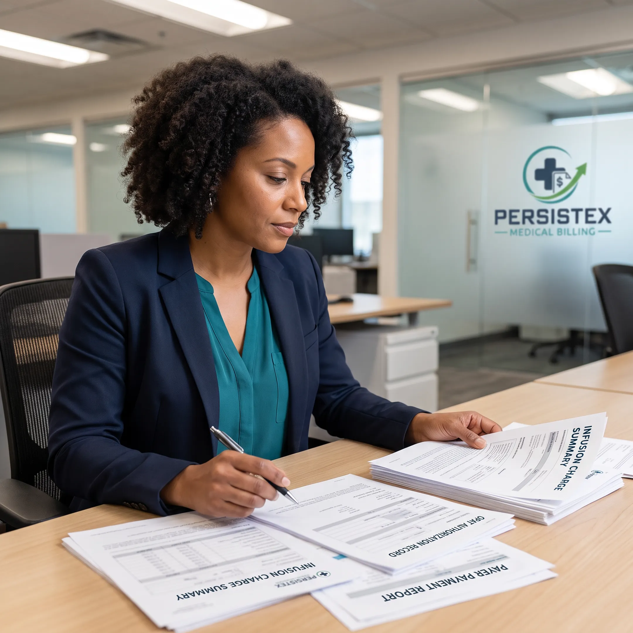 Specialist analyzing infectious disease billing workflow and infusion revenue-cycle documents