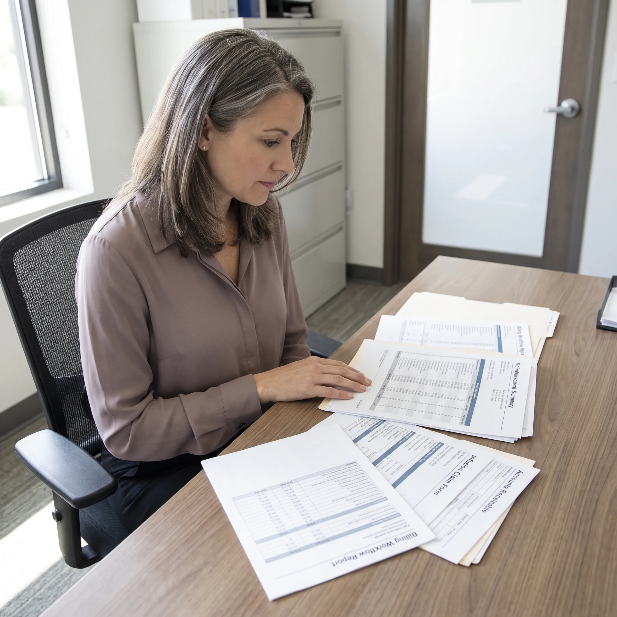 Infectious disease practice administrator analyzing billing and reimbursement information