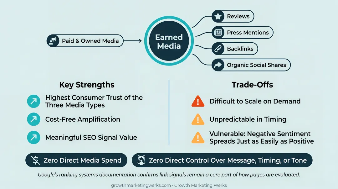 Paid owned and earned media comparison chart of strengths and trade-offs