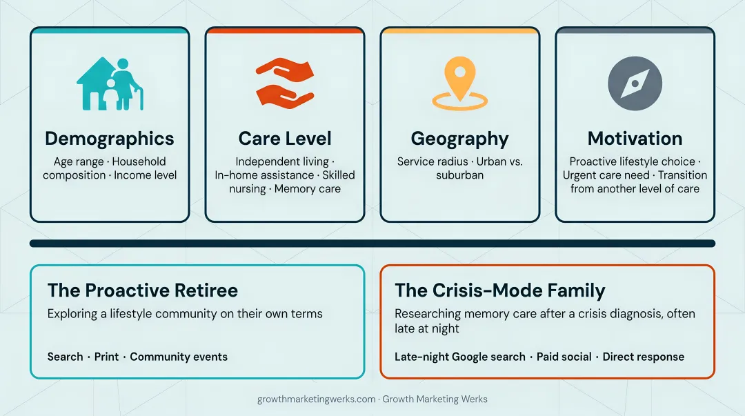 Four-segment senior care audience matrix covering demographics care level geography and motivation