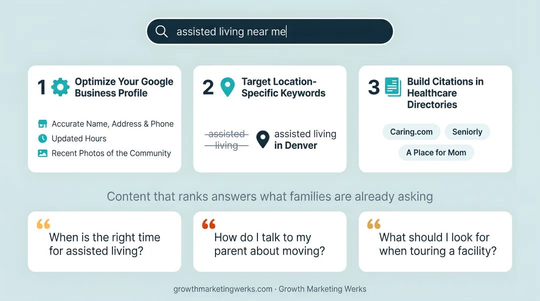 Three-step local SEO foundation process for assisted living facilities infographic