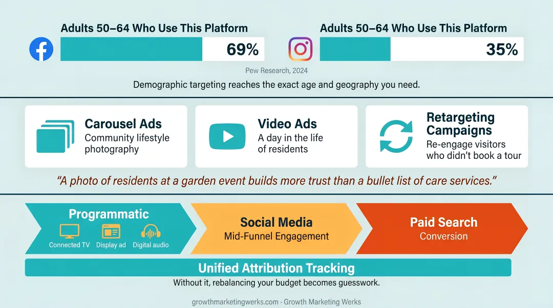 Assisted living full-funnel advertising channel roles from awareness to move-in conversion