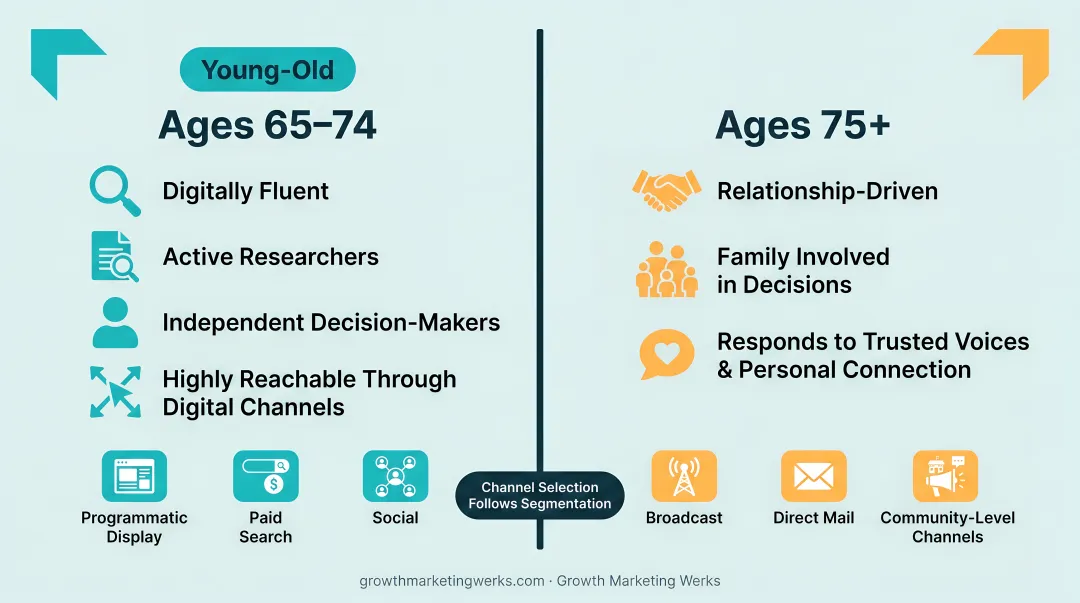 Older adult audience age-band segmentation 65-74 versus 75-plus channel strategy comparison
