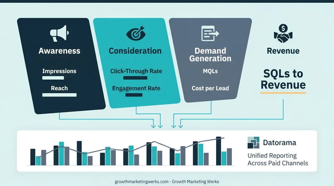 Full-funnel social media KPI measurement table by awareness consideration and conversion stage