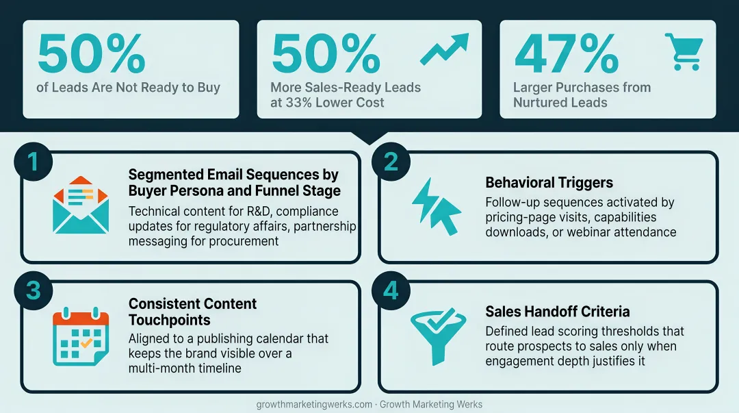 Four-stage pharma lead nurturing program process flow from segmentation to sales handoff