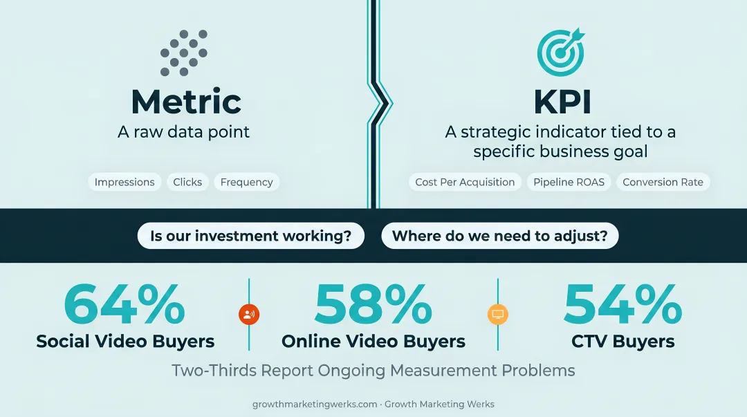 Metrics versus KPIs comparison infographic showing decision-driving versus vanity data
