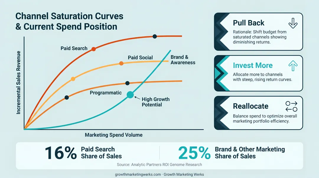 Media channel ROI comparison showing paid search versus brand marketing contribution percentages