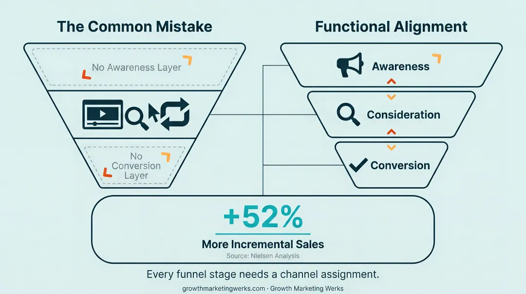 Full-funnel marketing channel alignment across awareness consideration and conversion stages