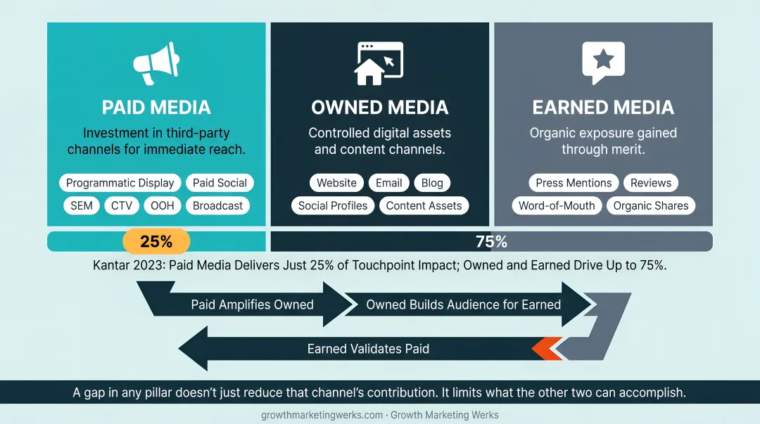 Paid owned and earned media three-pillar integrated strategy relationship diagram