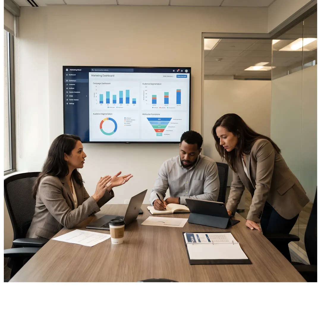 Healthcare media planning team reviewing campaign analytics