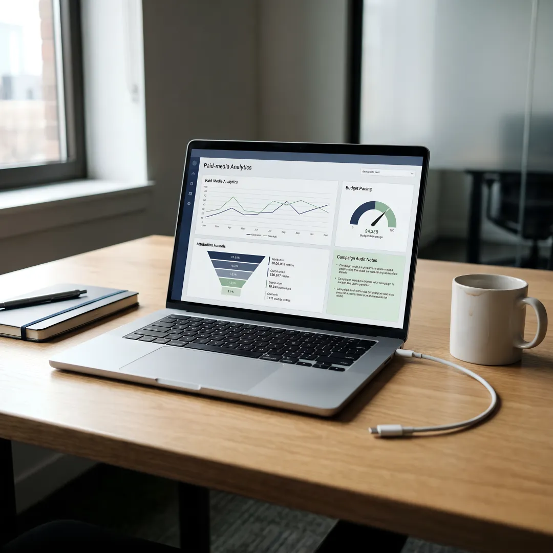 Media audit reporting dashboard on a laptop
