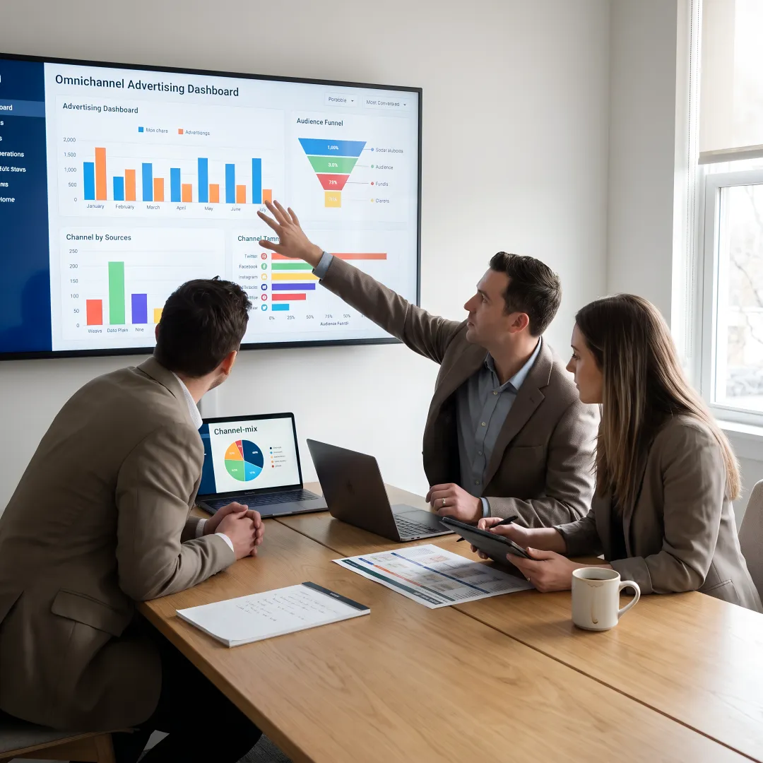 Advertising team reviewing media strategy dashboard
