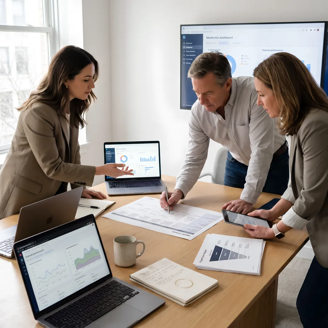 Full-service advertising agency team planning campaigns
